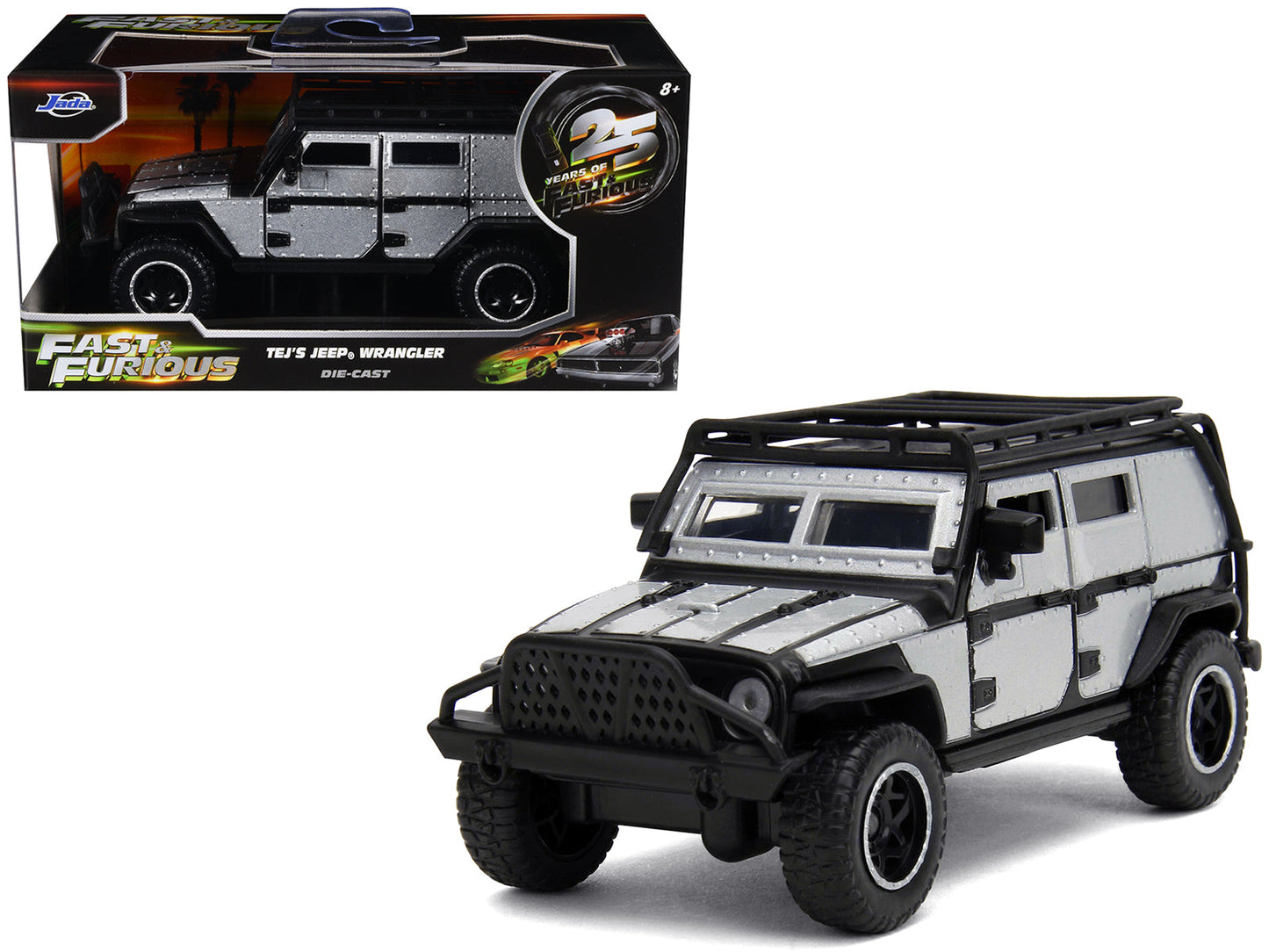 Tej's Jeep Wrangler Custom Silver Metallic with Black Top and Roof Rack "Furious 7" (2015) Movie "25 Years of Fast & Furious" Series 1/32 Diecast Model Car