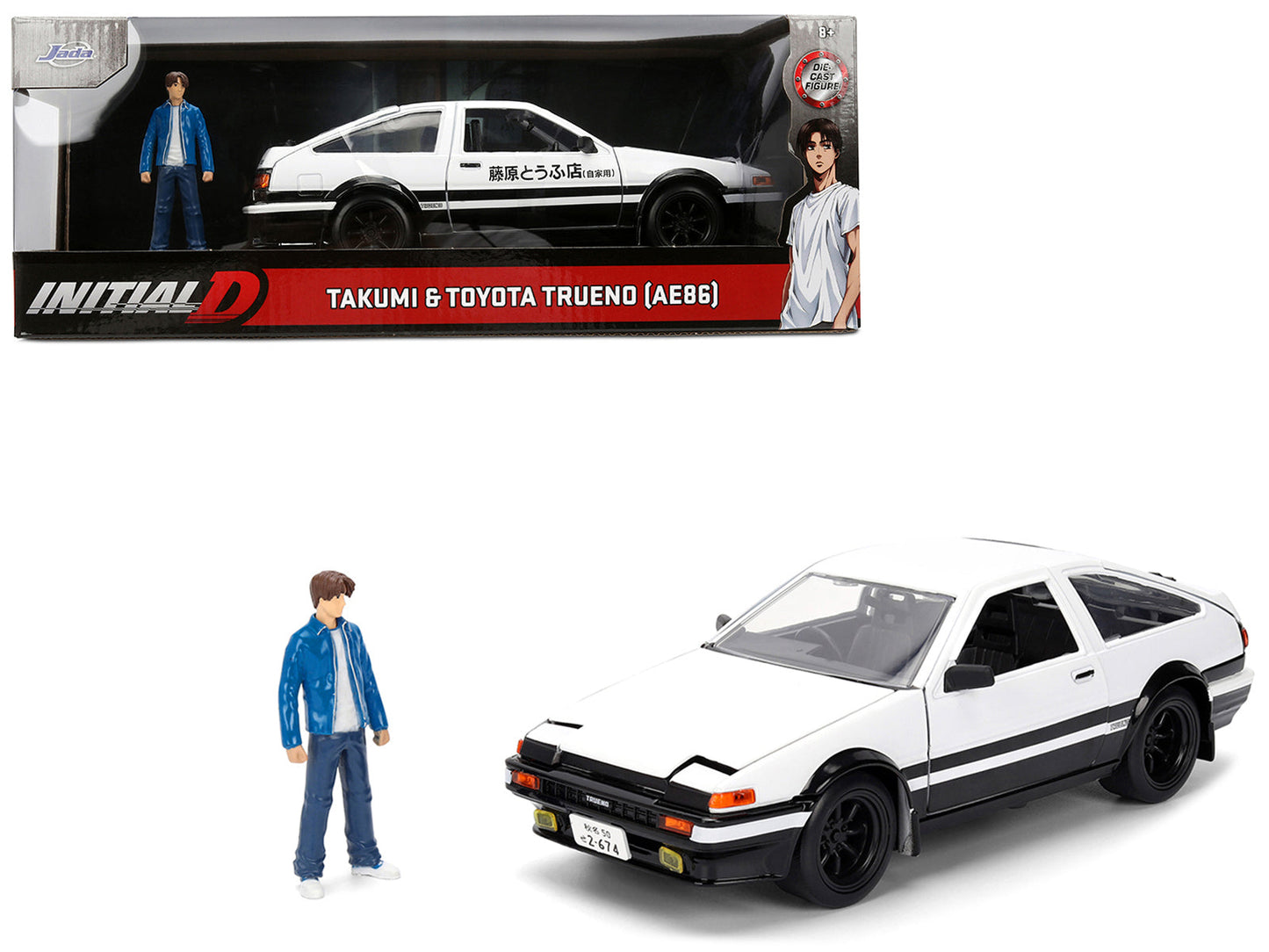 Toyota Trueno (AE86) RHD (Right Hand Drive) White and Black with Graphics and Takumi Diecast Figure "Initial D" (1998-2021) TV Series "Anime Hollywood Rides" Series 1/24 Diecast Model