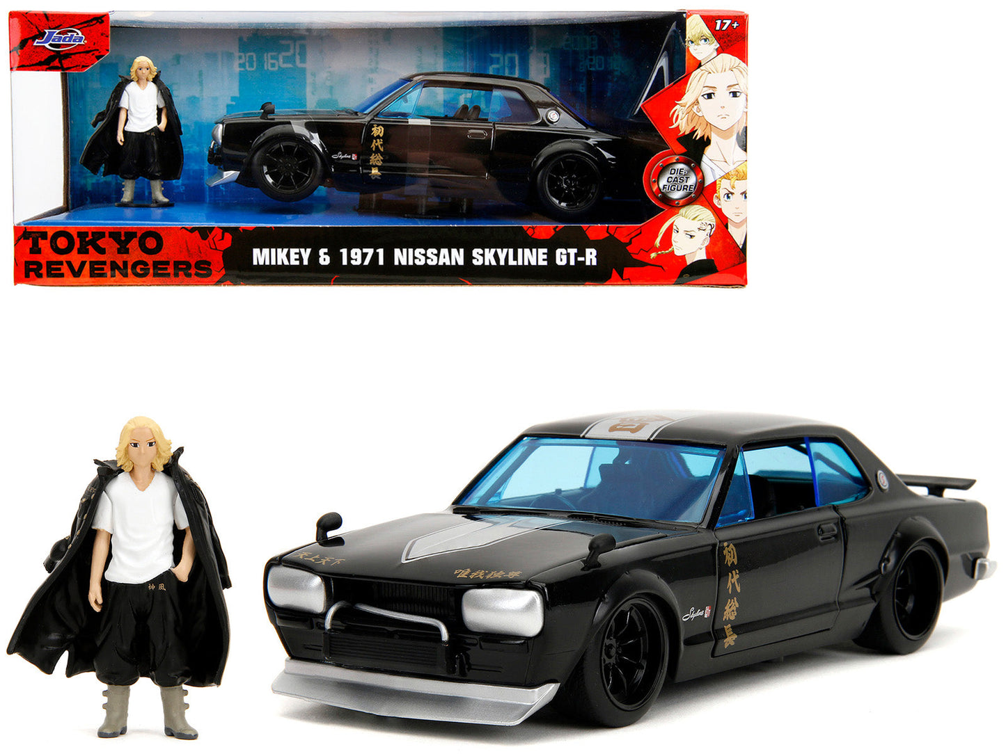 1971 Nissan Skyline GT-R RHD (Right Hand Drive) Black with Silver Stripe and Mikey Diecast Figure "Tokyo Revengers" (2021) TV Series "Anime Hollywood Rides" Series 1/24 Diecast Model Car