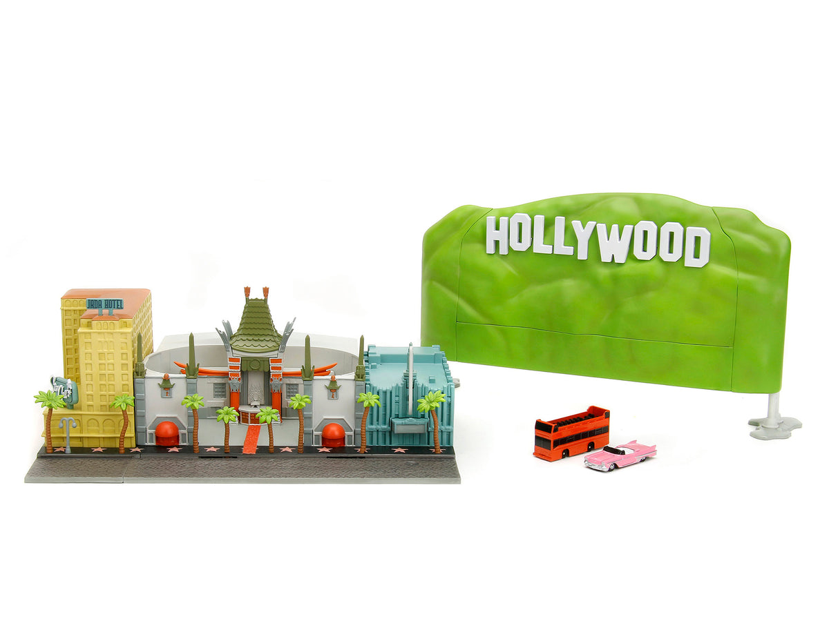 "Hollywood 100" Walk of Fame Diorama with Pink Convertible and Double-Decker Bus "Nano Scene" Series model