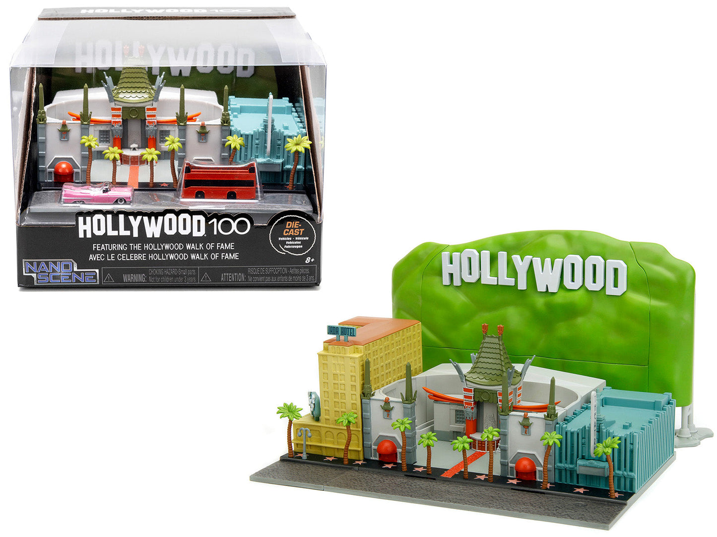 "Hollywood 100" Walk of Fame Diorama with Pink Convertible and Double-Decker Bus "Nano Scene" Series model