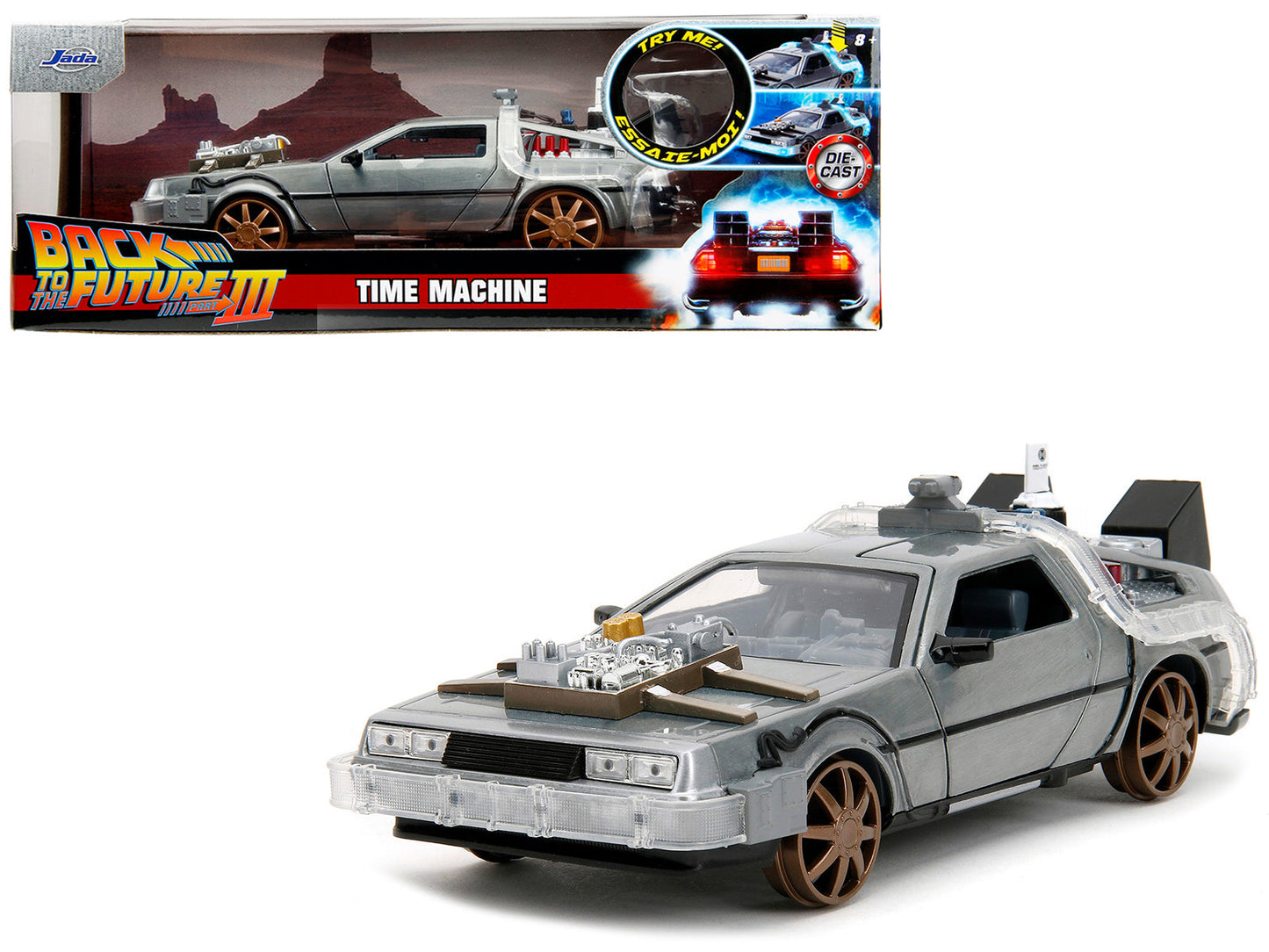 DeLorean Brushed Metal Time Machine (Train Wheel Version) with Lights "Back to the Future Part III" (1990) Movie "Hollywood Rides" Series 1/24 Diecast Model Car