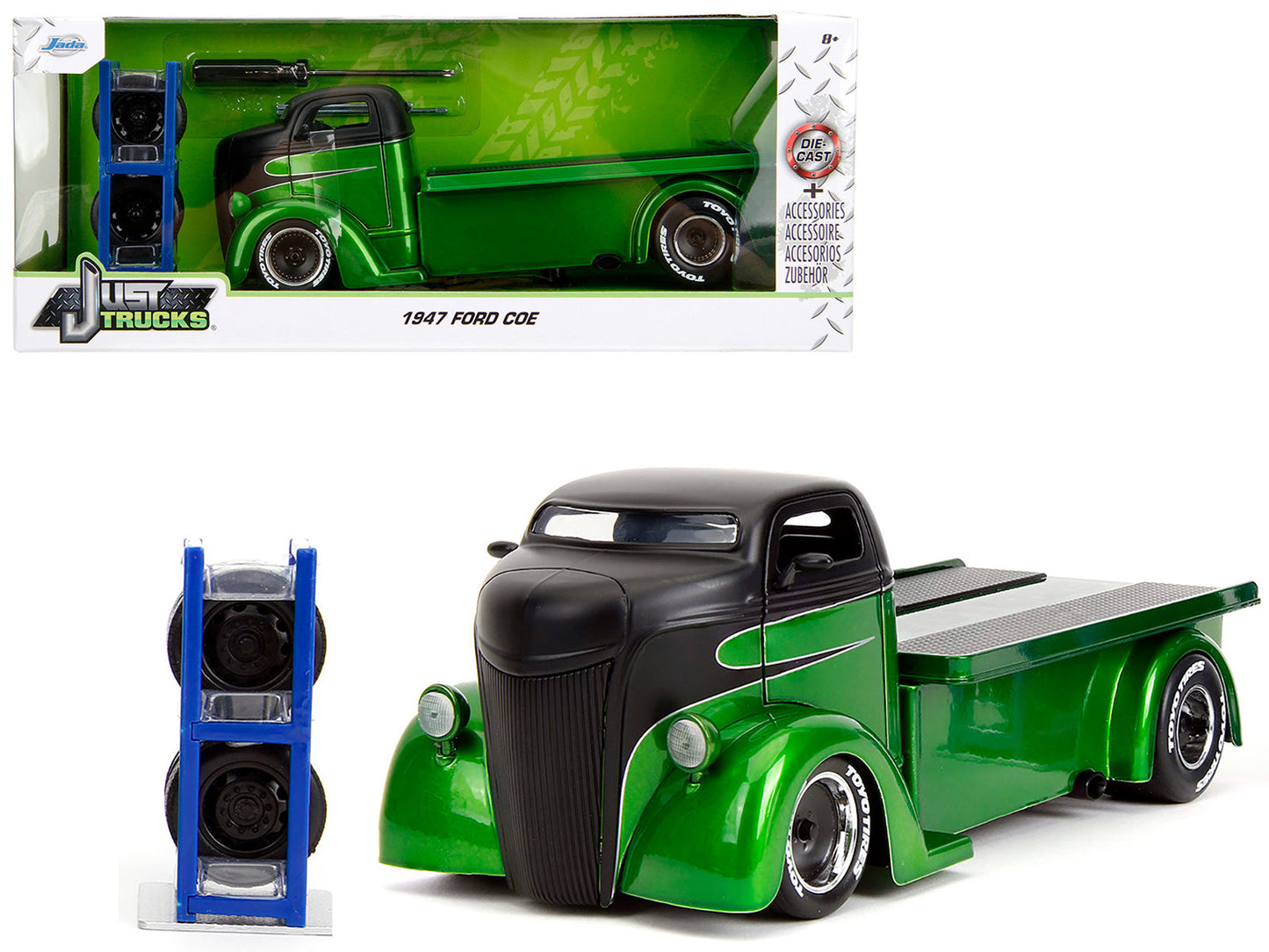 1947 Ford COE Flatbed Truck Green Metallic and Matt Black "Toyo Tires" with Extra Wheels "Just Trucks" Series 1/24 Diecast Model Car