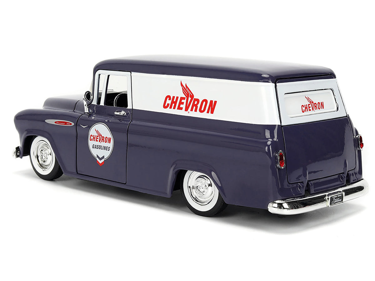 1957 Chevrolet Suburban "Chevron" Dark Blue with White Stripes and Chevron Gas Pump "Just Trucks" Series 1/24 Diecast Model Car