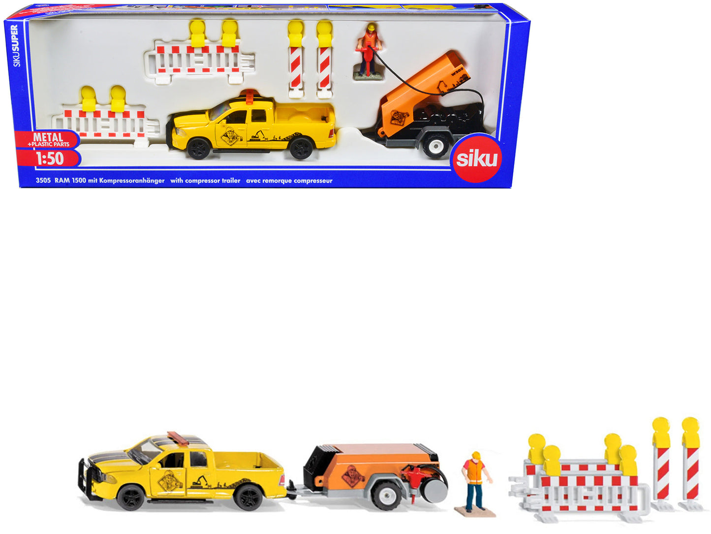 Ram 1500 Pickup Truck Yellow with Compressor Trailer and Worker Figure with Accessories Set 1/50 Diecast Models