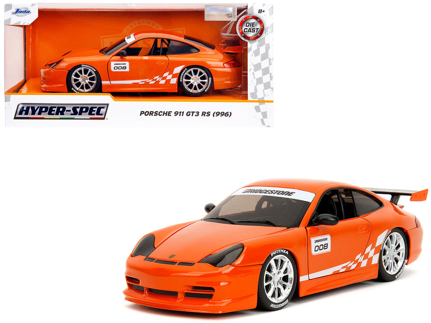 Porsche 911 GT3 RS (996) #008 "Bridgestone" Orange Metallic with White Graphics "Hyper-Spec" Series 1/24 Diecast Model Car