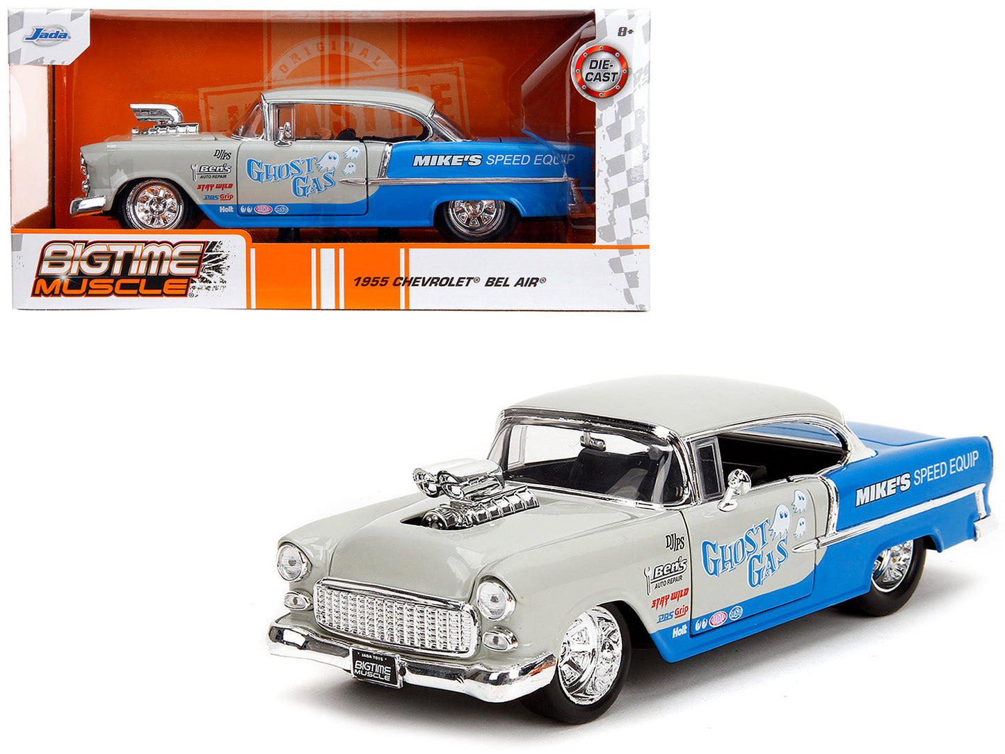 1955 Chevrolet Bel Air "Ghost Gas - Mike's Speed Equip" Light Gray and Blue "Bigtime Muscle" Series 1/24 Diecast Model Car