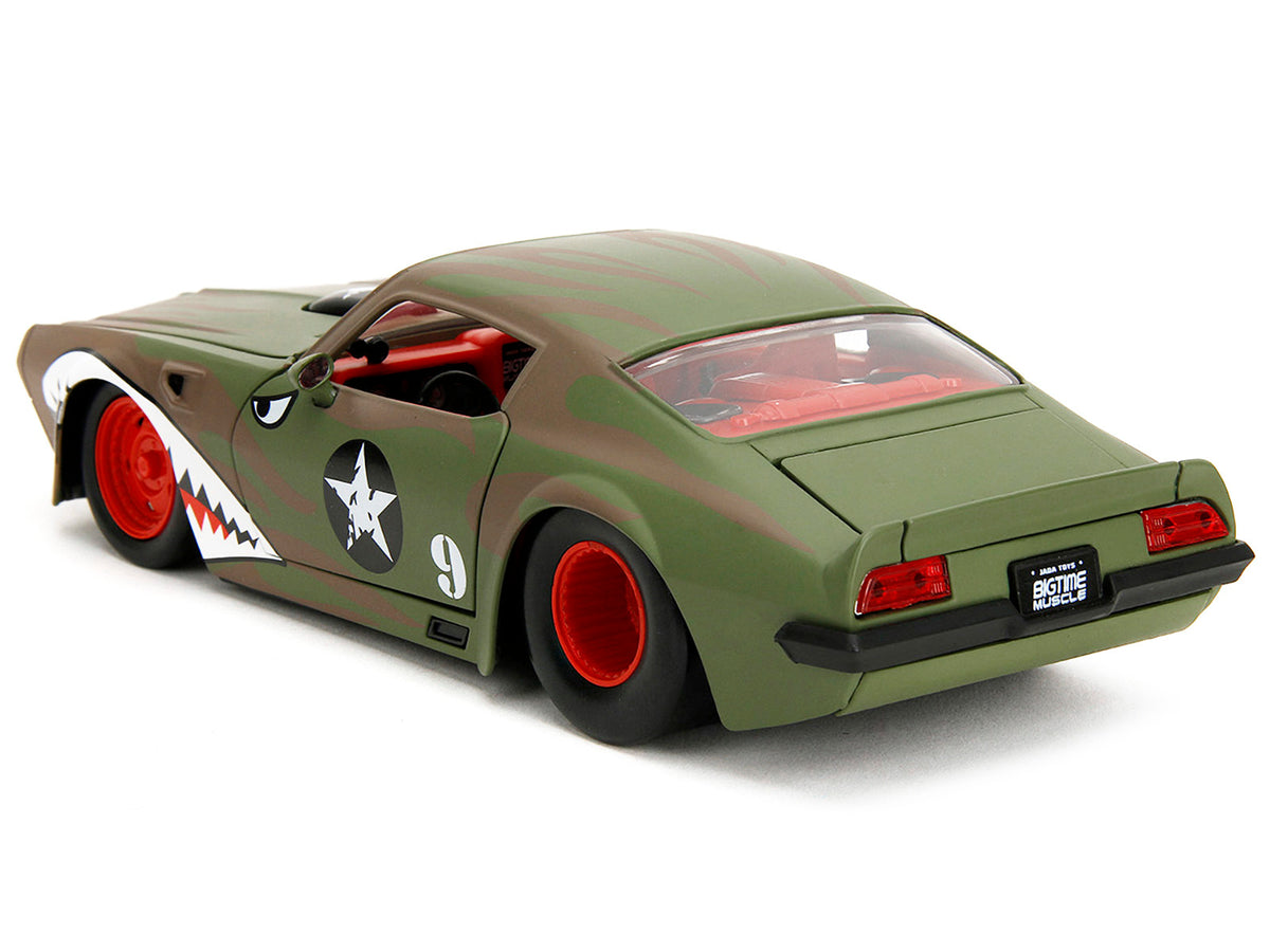 1972 Pontiac Firebird #9 Green Camouflage Flames with Graphics and Red Interior "Bigtime Muscle" Series 1/24 Diecast Model Car