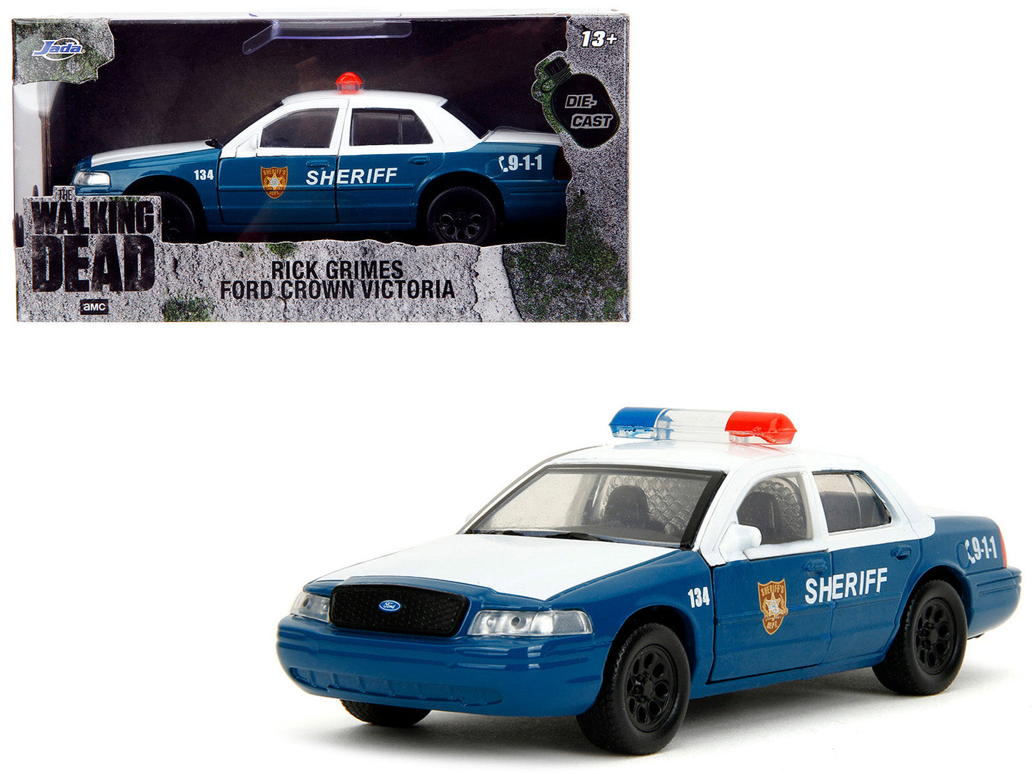 Rick Grimes' Ford Crown Victoria "Sheriff" Blue and White "The Walking Dead" (2010-2022) TV Series "Hollywood Rides" Series 1/32 Diecast Model Car