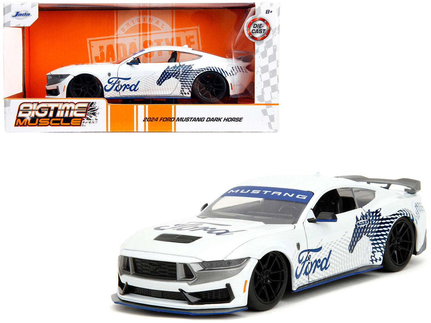 2024 Ford Mustang Dark Horse White with "Mustang Horse Graphics" "Bigtime Muscle" Series 1/24 Diecast Model Car