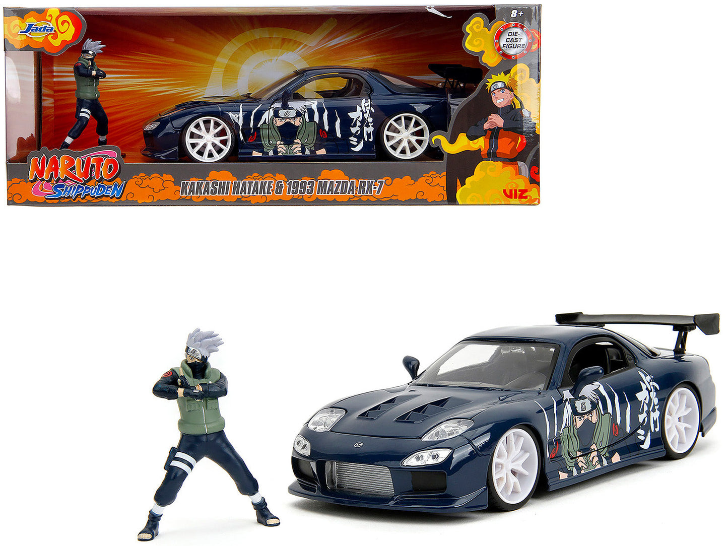 1993 Mazda RX-7 Dark Blue with Graphics and Kakashi Hatake Diecast Figure "Naruto Shippuden" (2009-2017) TV Series "Anime Hollywood Rides" Series 1/24 Diecast Model Car