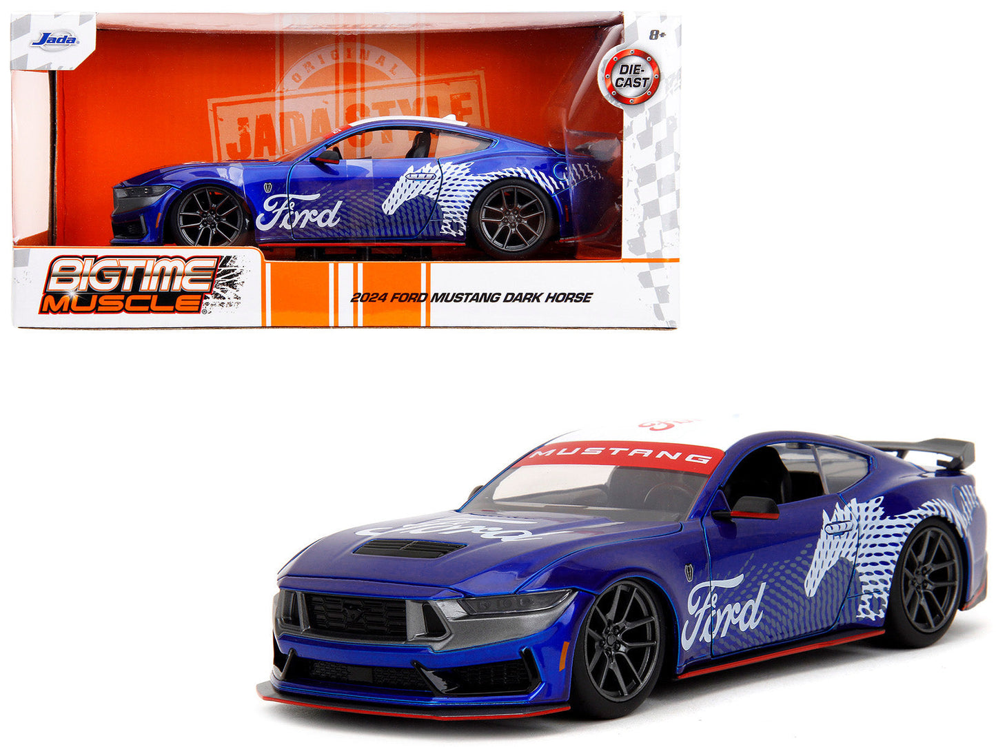 2024 Ford Mustang Dark Horse Candy Blue with White Top and "Mustang Horse Graphics" "Bigtime Muscle" Series 1/24 Diecast Model Car