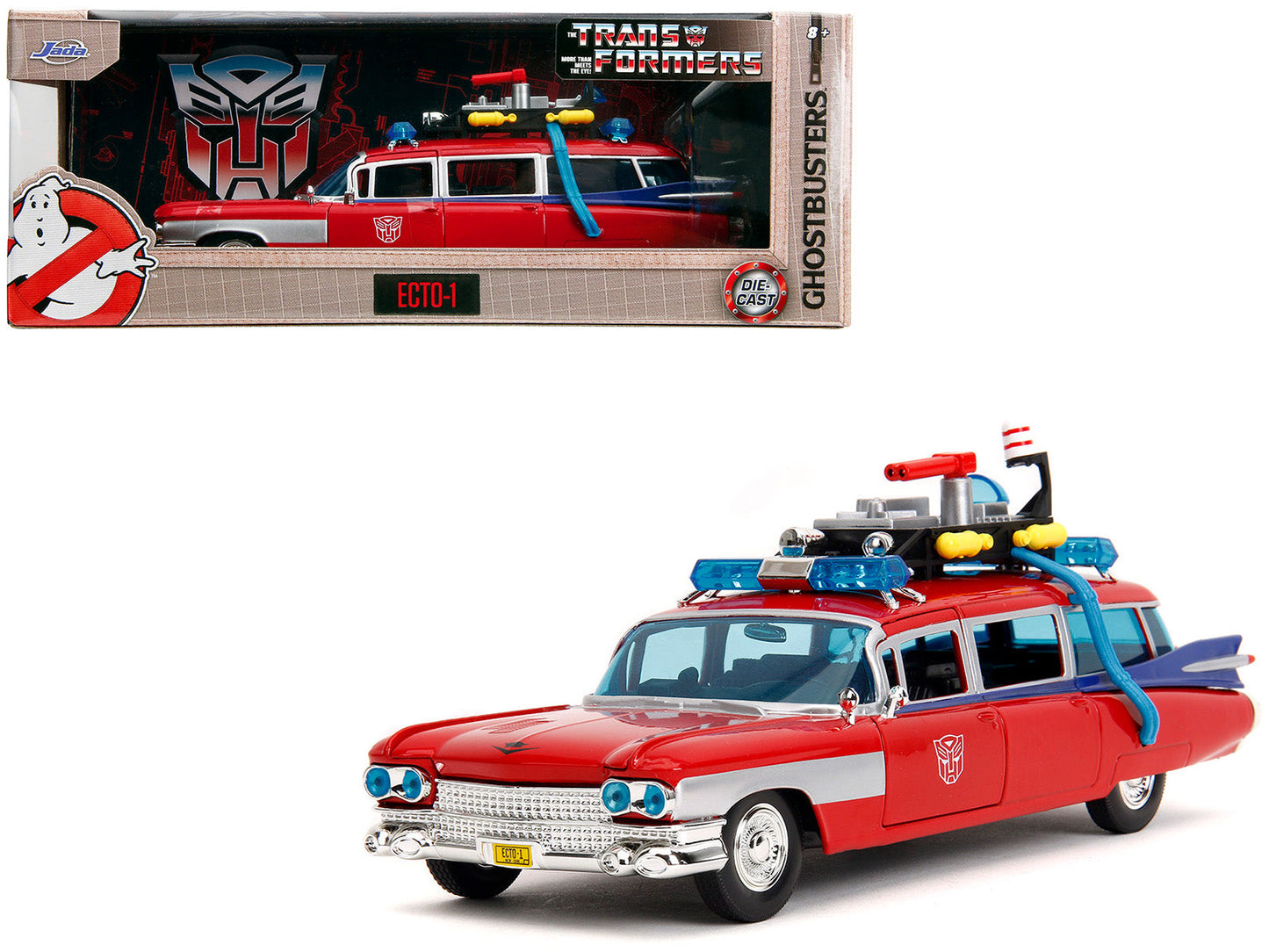 1959 Cadillac Ambulance Ecto-1 Red "Transformers" TV Series - "Ghostbusters" (1984) Movie Crossover "Hollywood Rides" Series 1/24 Diecast Model Car