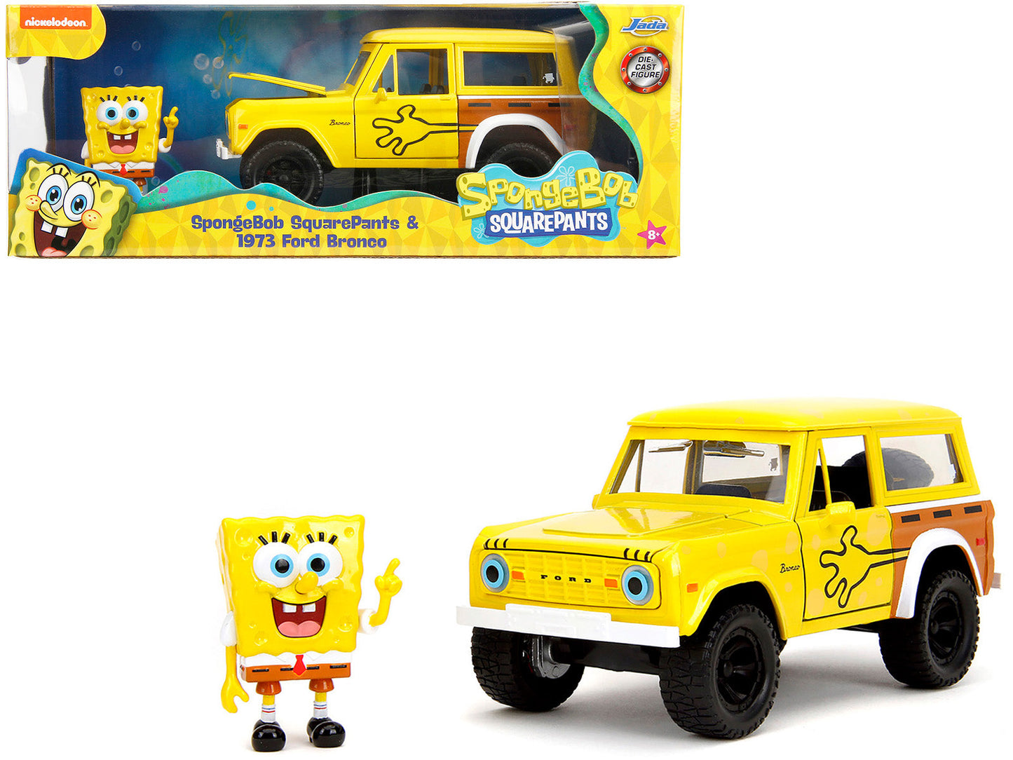 1973 Ford Bronco Yellow with Graphics and SpongeBob SquarePants Diecast Figure "SpongeBob SquarePants" (1999–Current) TV Series "Hollywood Rides" Series 1/24 Diecast Model Car