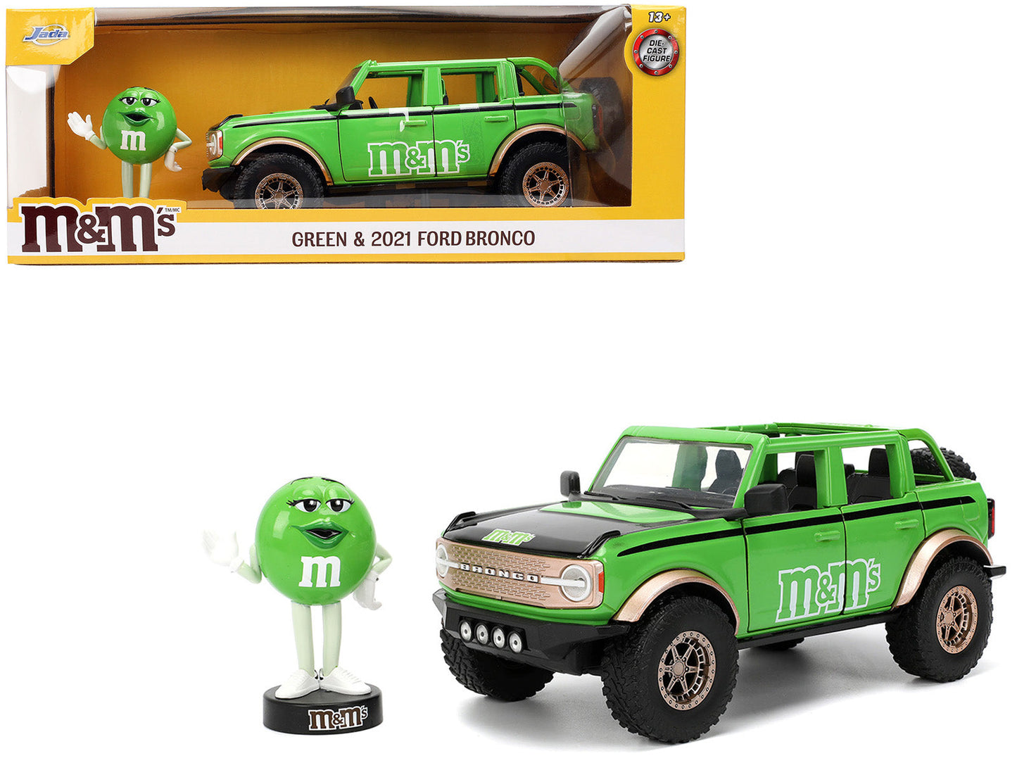 2021 Ford Bronco Green with Black Stripes and Green M&M's Diecast Figure "Hollywood Rides" Series 1/24 Diecast Model Car