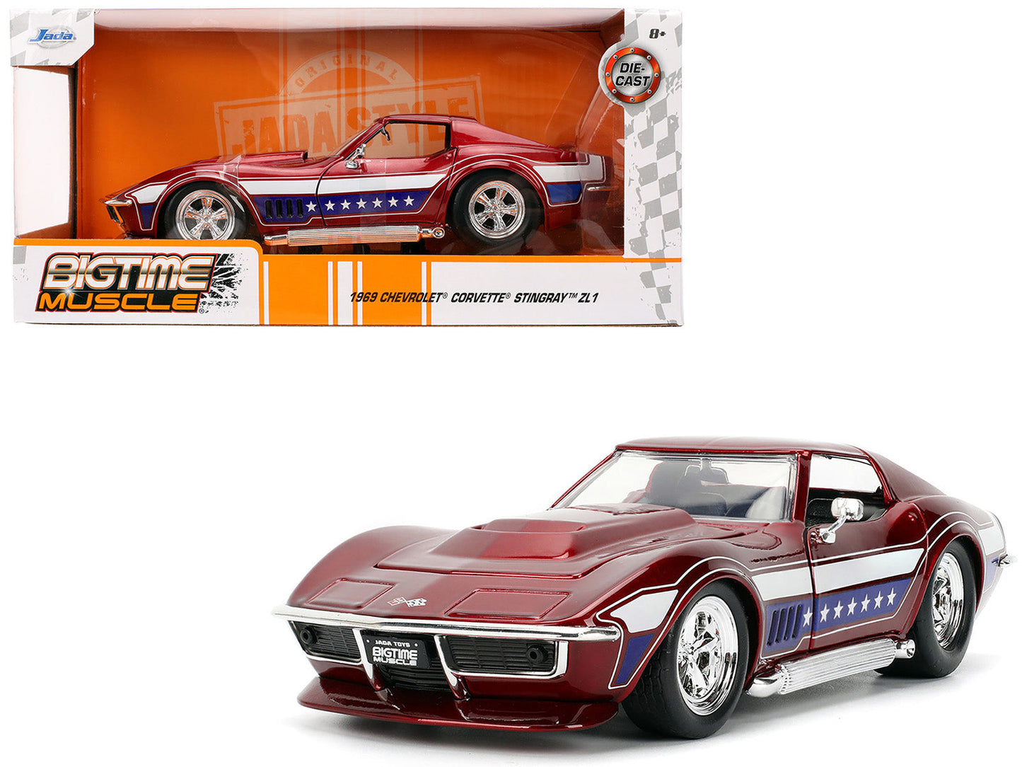 1969 Chevrolet Corvette Stingray ZL1 Red Metallic with Stars and Stripes Graphics "Bigtime Muscle" Series 1/24 Diecast Model Car