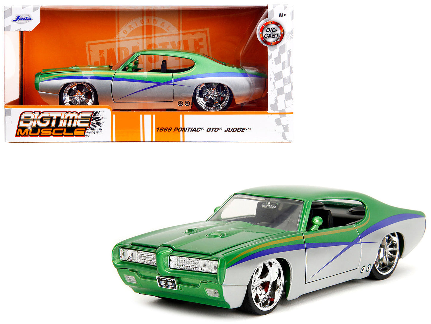 1969 Pontiac GTO Judge Green Metallic and Silver with Stripes "Bigtime Muscle" Series 1/24 Diecast Model Car