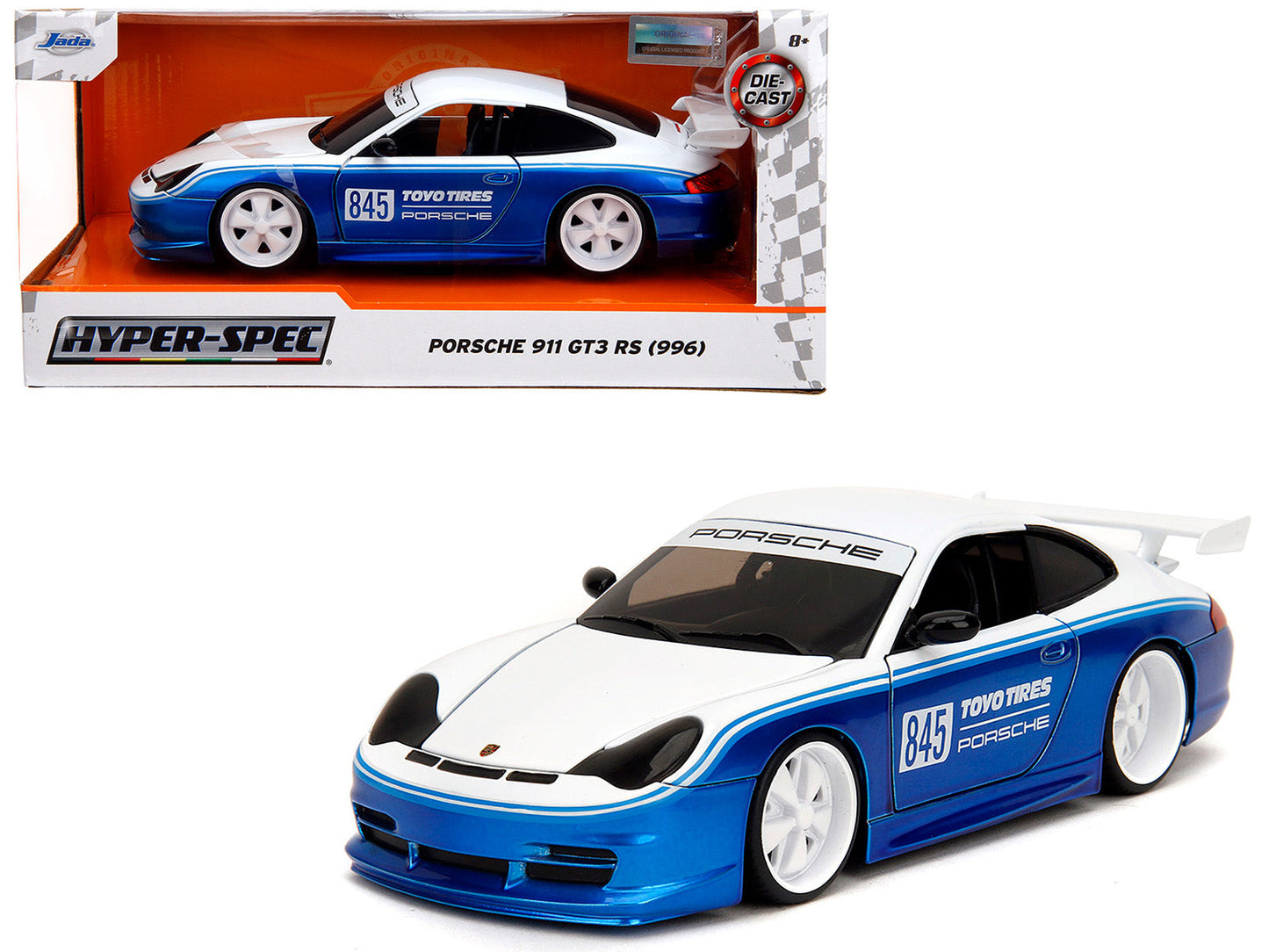 Porsche 911 GT3 RS (996) #845 White and Blue Metallic "Toyo Tires" "Hyper-Spec" Series 1/24 Diecast Model Car