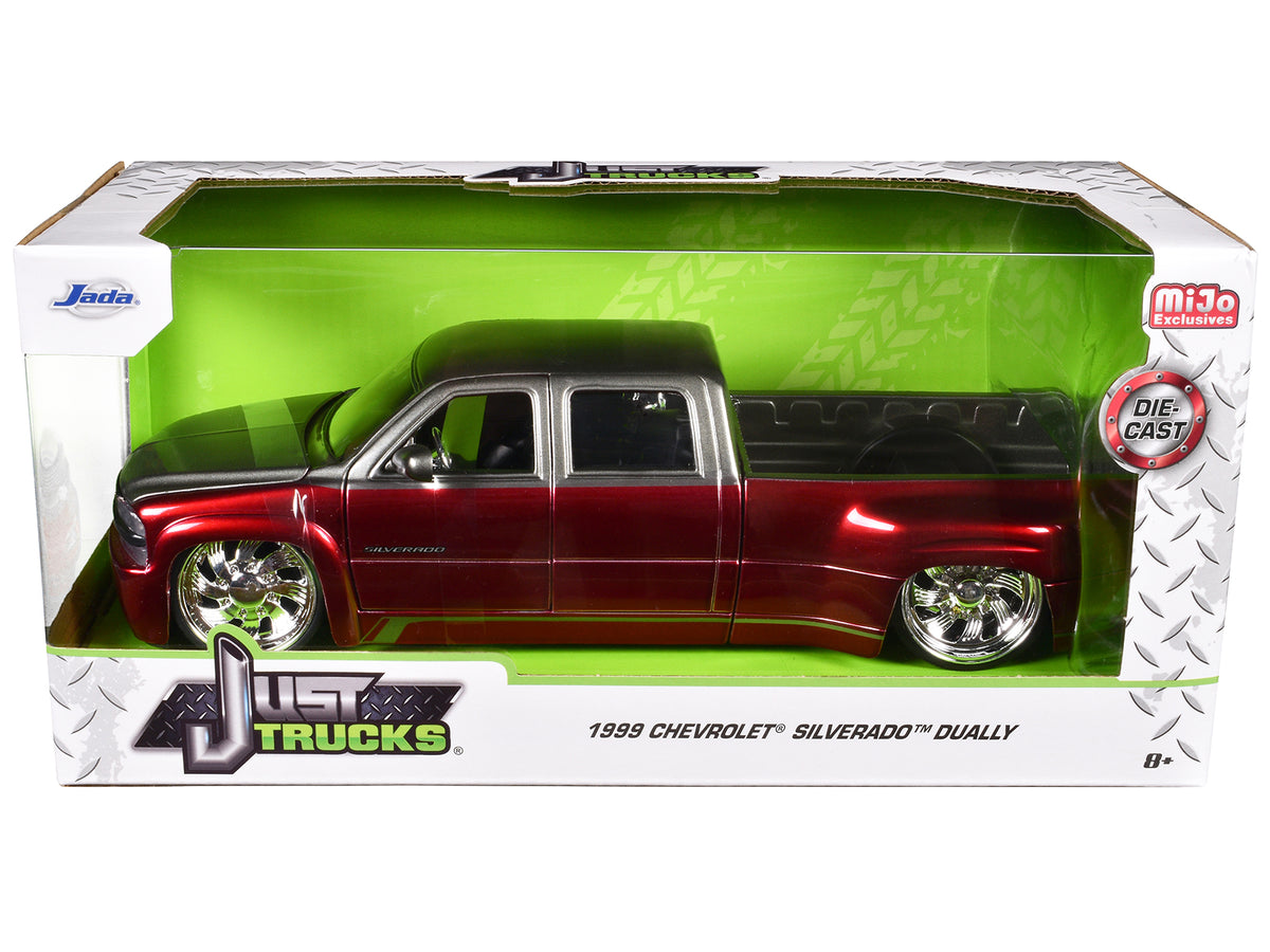 1999 Chevrolet Silverado Dually Pickup Truck Red Metallic and Gray with Custom KMC Wheels "Just Trucks" Series 1/24 Diecast Model Car