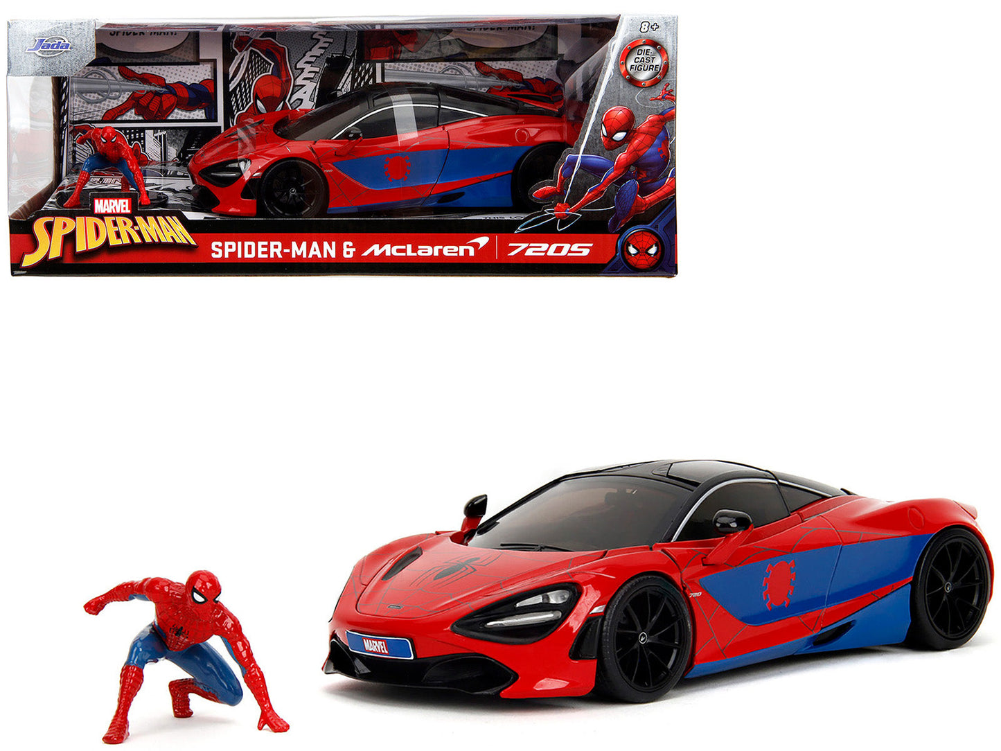 McLaren 720S Red and Blue with Black Top and Graphics and Spider-Man Diecast Figure "Marvel Spider-Man" "Hollywood Rides" Series 1/24 Diecast Model Car