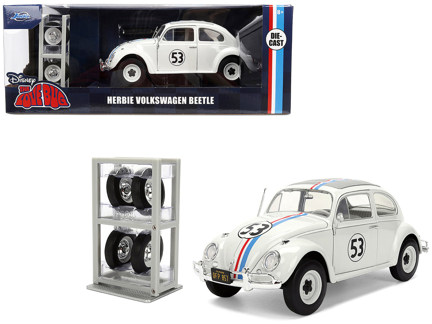 Volkswagen Beetle #53 "Herbie" White with Stripes "The Love Bug" (1968) Movie with Extra Wheels 1/24 Diecast Model Car