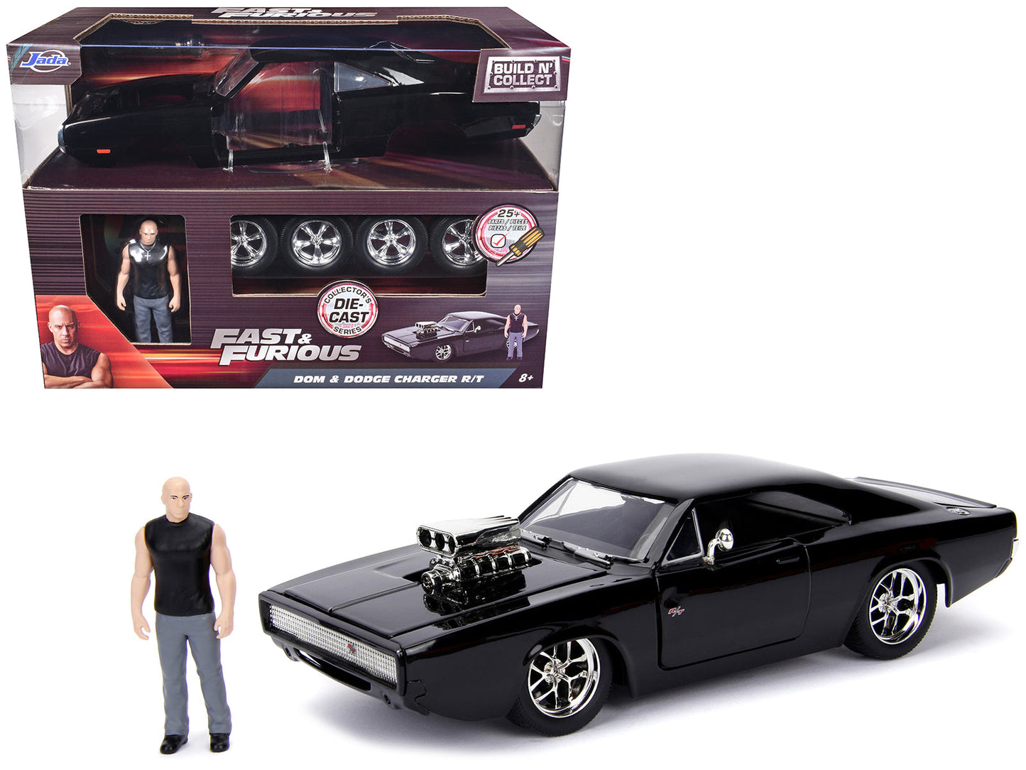 Model Kit Dodge Charger R/T Black and Dom Diecast Figure "Fast & Furious" Movie "Build N' Collect" Series 1/24 Diecast Model Car