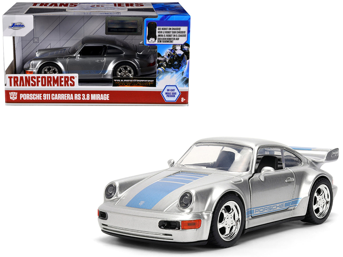 Porsche 911 Carrera RS 3.8 "Mirage" Silver Metallic with Blue Stripes "Transformers: Rise of the Beasts" (2023) Movie "Hollywood Rides" 1/32 Diecast Model Car