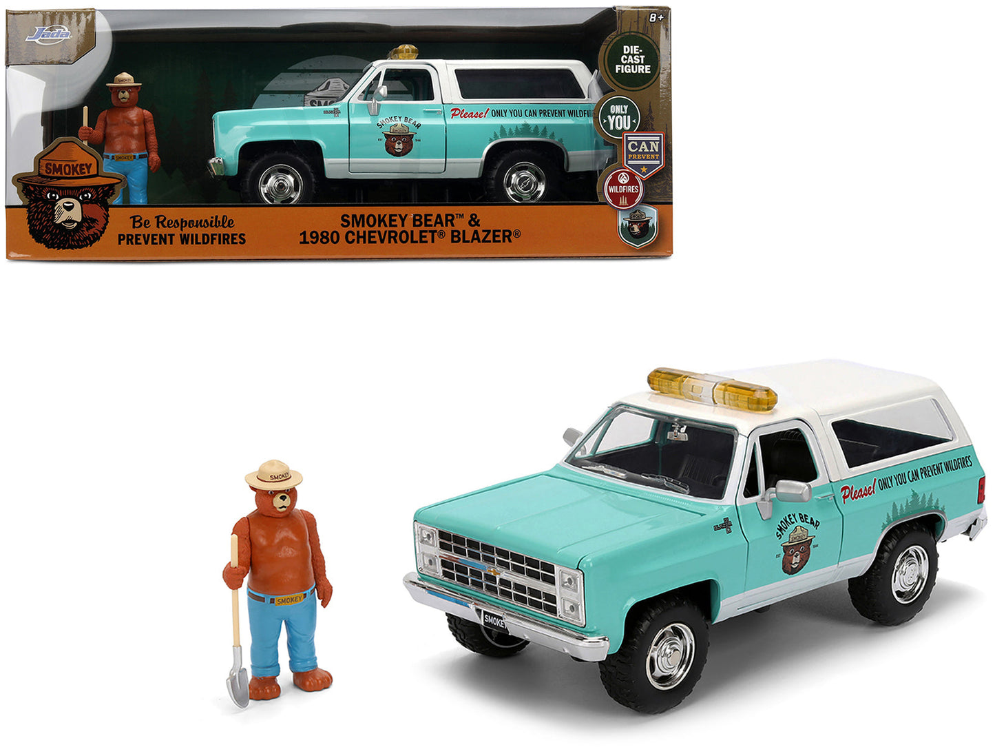 1980 Chevrolet Blazer Light Green with White Top and Graphics and Smokey Bear Diecast Figure "Smokey Bear" "Hollywood Rides" Series 1/24 Diecast Model