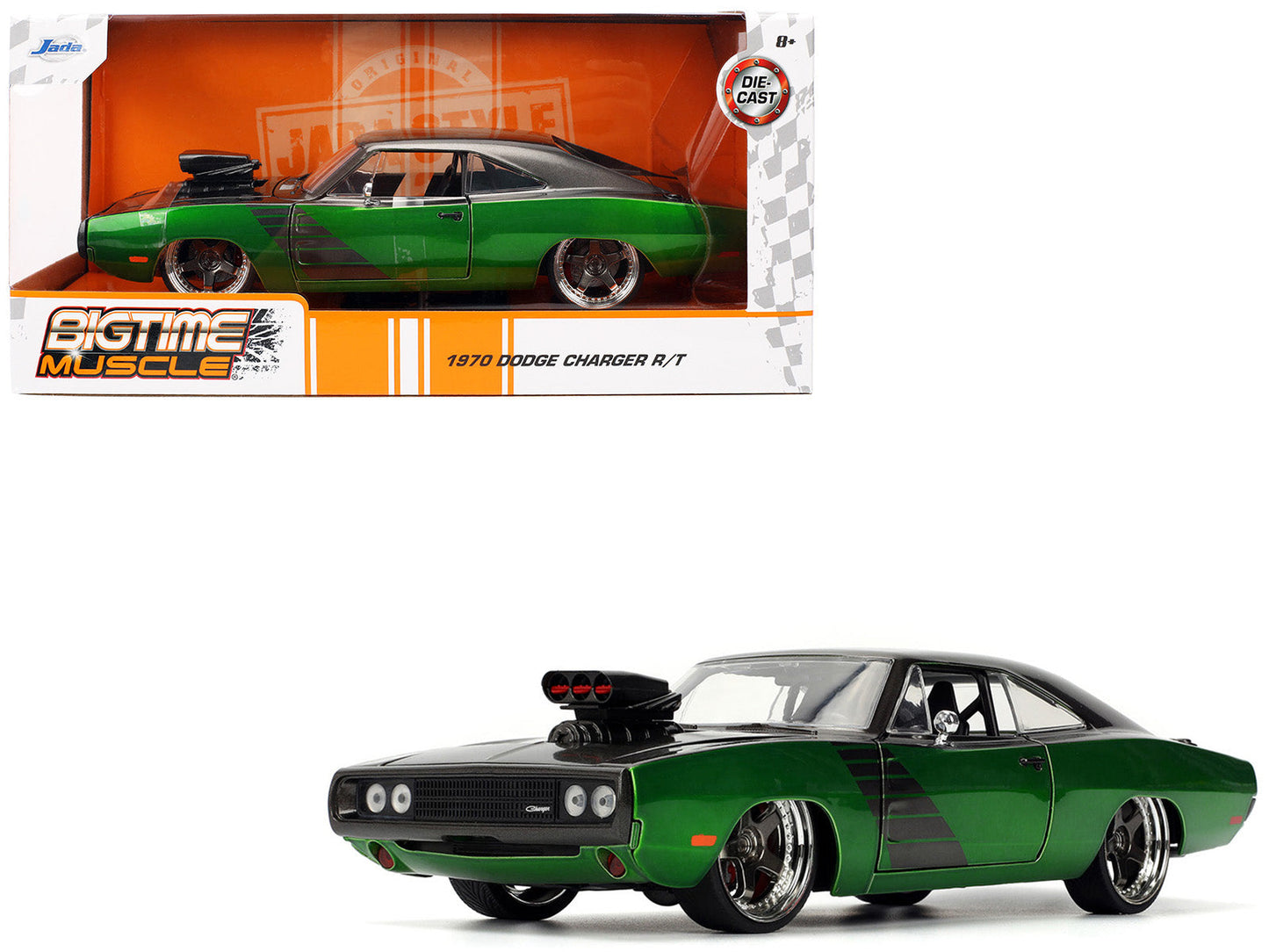 1970 Dodge Charger R/T Dark Gray Metallic and Green Metallic with Dark Gray Stripes "Bigtime Muscle" Series 1/24 Diecast Model Car
