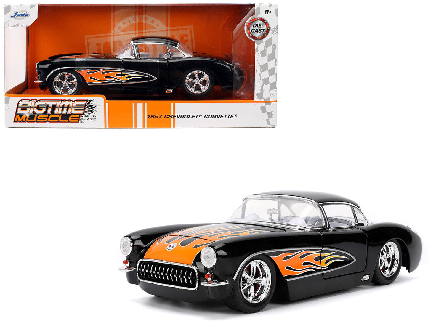 1957 Chevrolet Corvette Black with Flame Graphics and White Interior "Bigtime Muscle" Series 1/24 Diecast Model Car