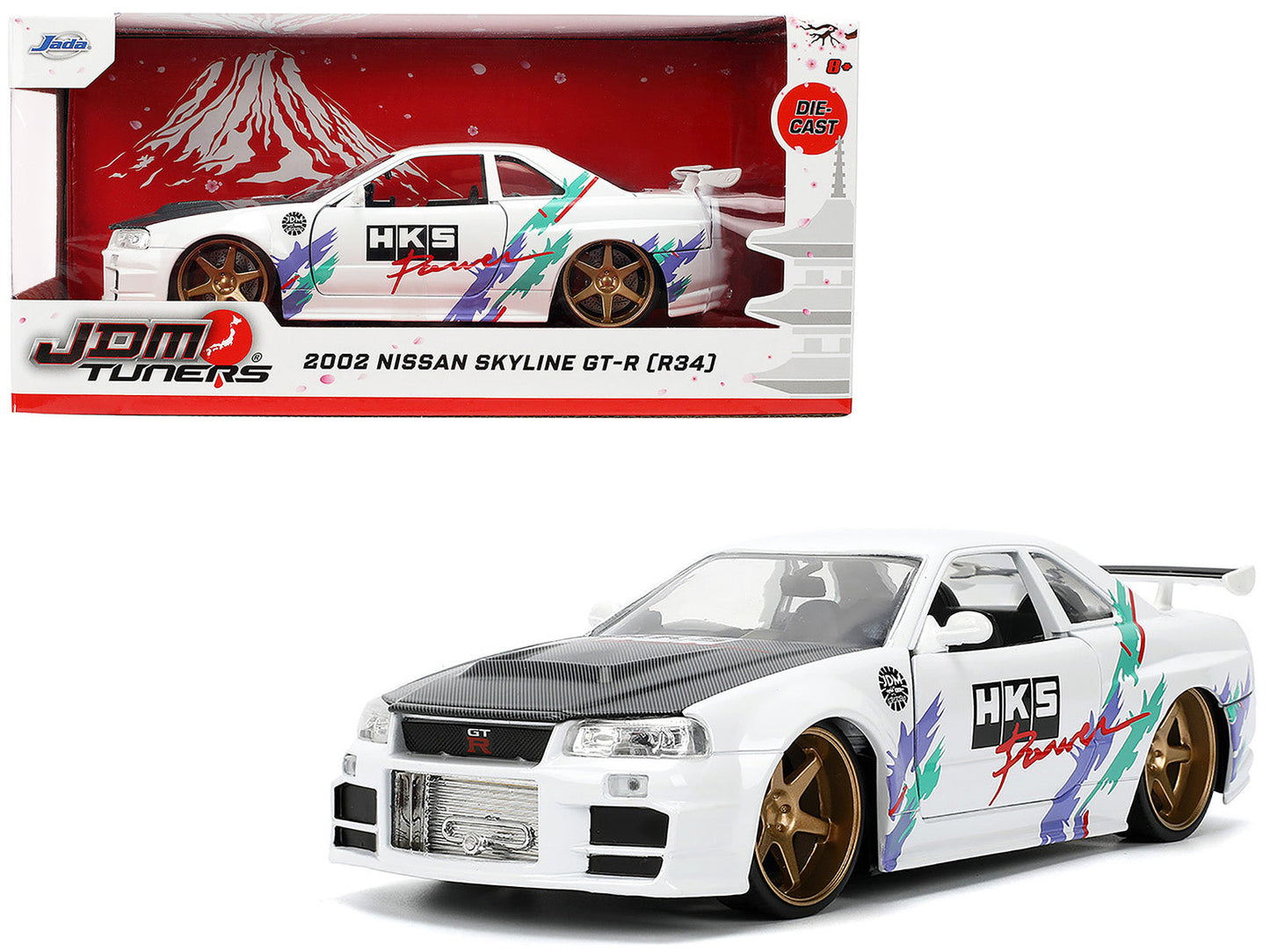 2002 Nissan Skyline GT-R (R34) RHD (Right Hand Drive) "HKS Power" White with Carbon Hood and Graphics "JDM Tuners" Series 1/24 Diecast Model Car