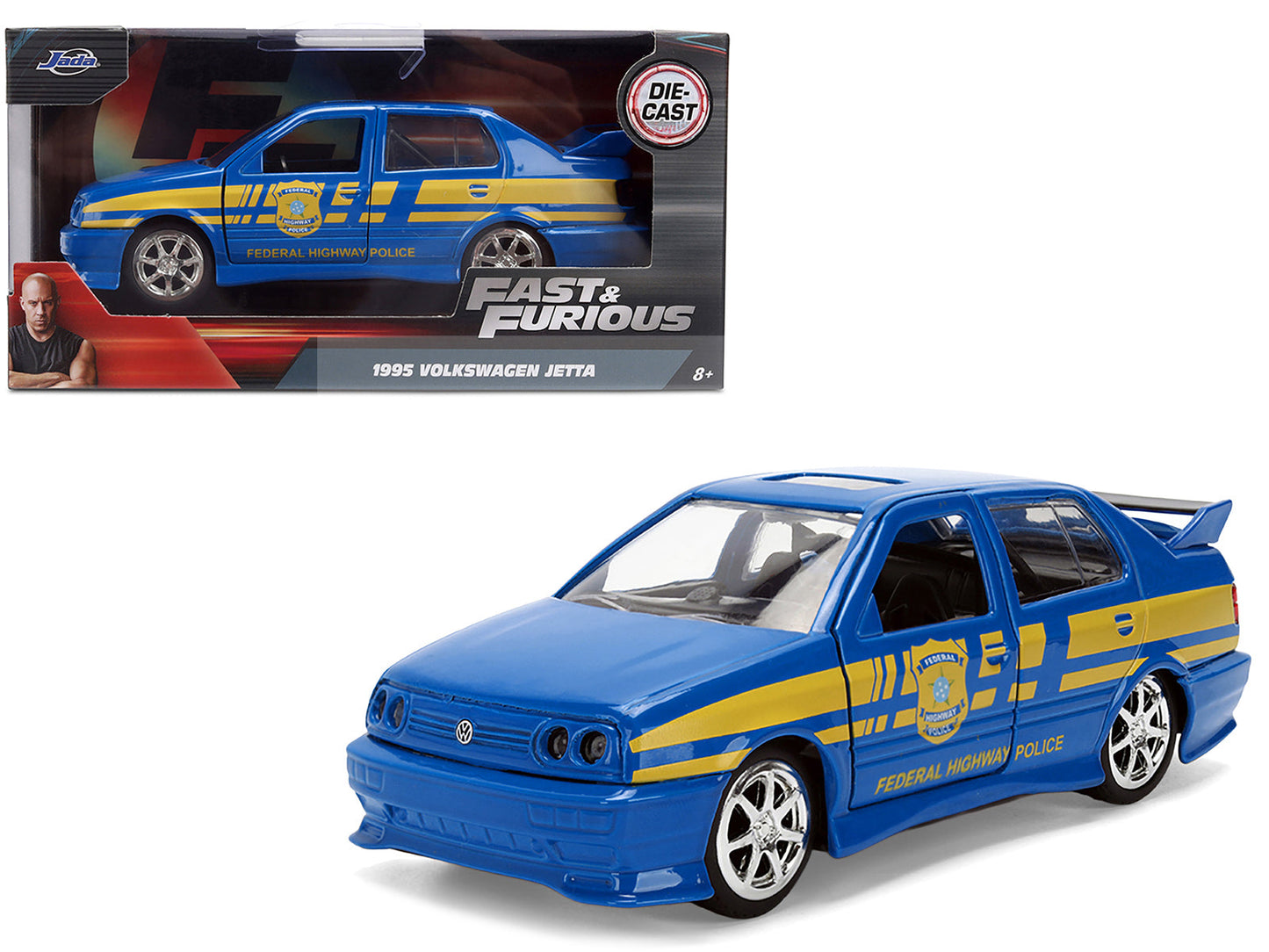 Volkswagen Jetta Police Vehicle "Rio Federal Highway Police" Blue with Yellow Stripes "Fast Five" (2011) Movie "Fast & Furious" Series 1/32 Diecast Model Car