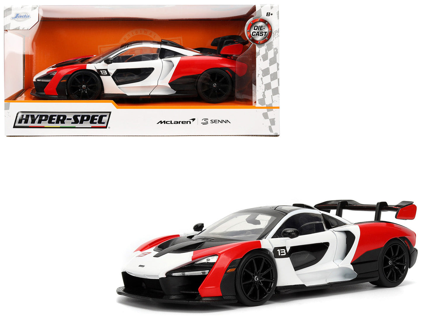 McLaren Senna Red and White with Carbon Hood and Top "HyperSpec" Series 1/24 Diecast Model Car