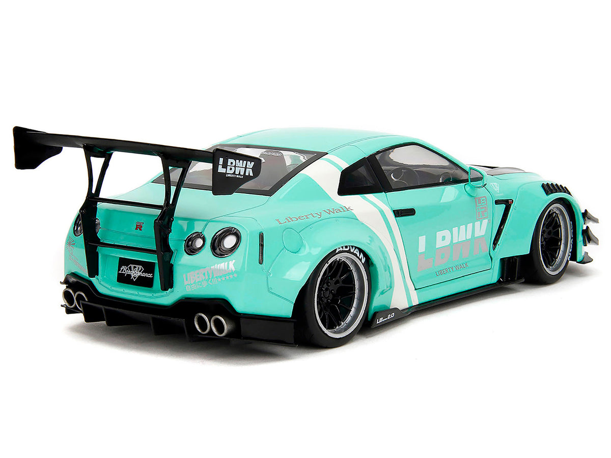 Nissan GT-R (R35) Liberty Walk Body Kit 2.0 RHD (Right Hand Drive) Light Blue with Black Hood and White Stripes "Pink Slips" Series 1/18 Diecast Model Car