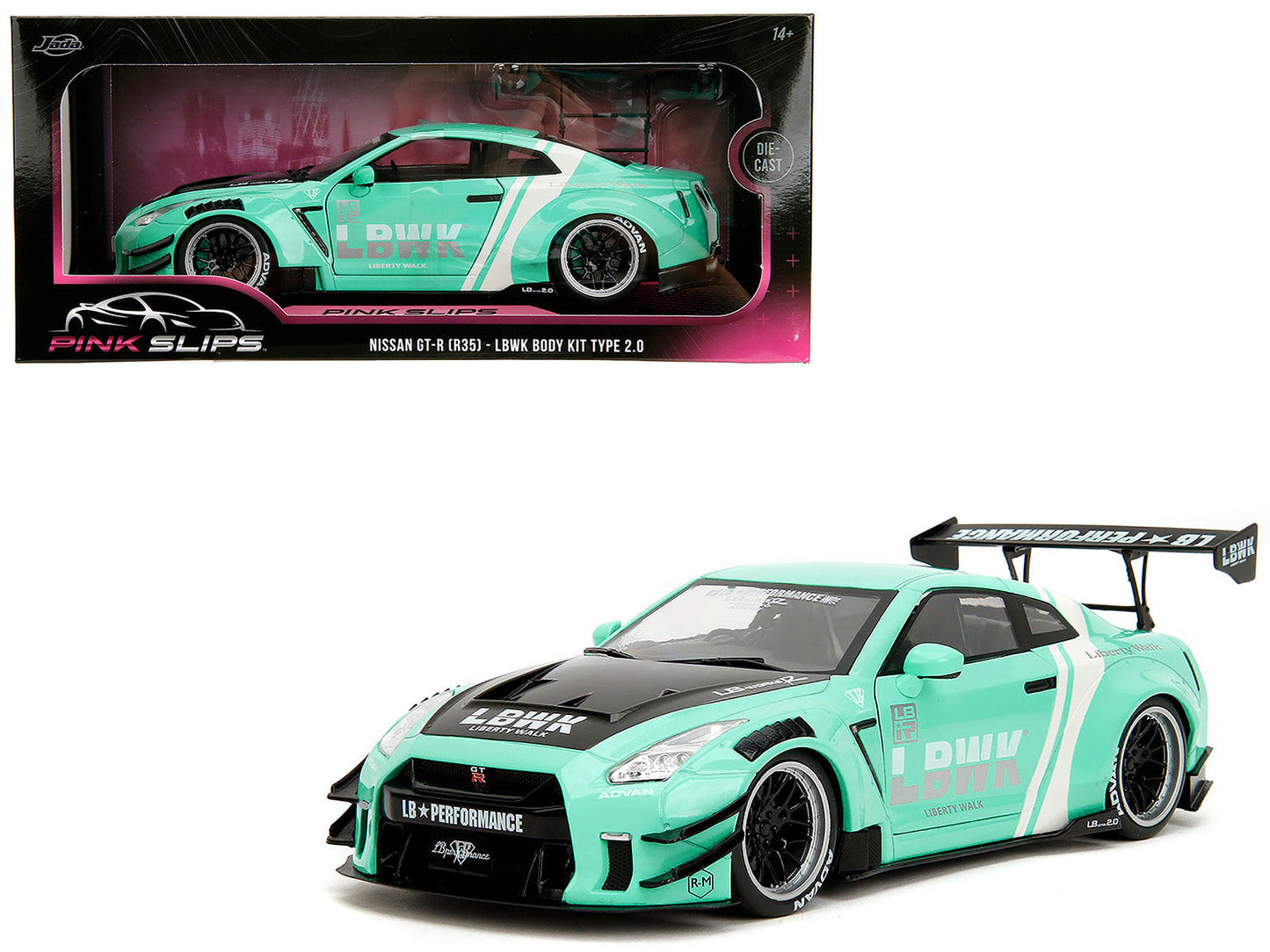 Nissan GT-R (R35) Liberty Walk Body Kit 2.0 RHD (Right Hand Drive) Light Blue with Black Hood and White Stripes "Pink Slips" Series 1/18 Diecast Model Car