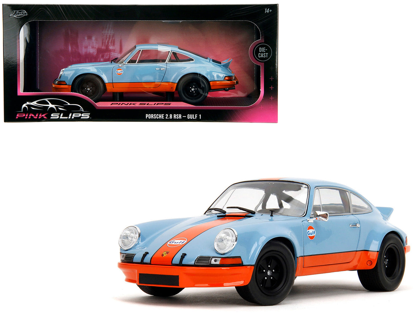 Porsche 911 RSR "Gulf Oil" Light Blue with Orange Stripes "Pink Slips" Series 1/18 Diecast Model Car