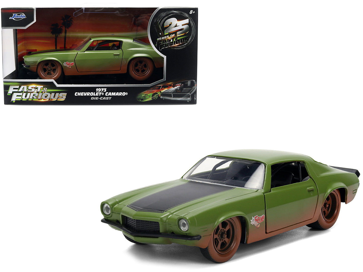 Dom's 1973 Chevrolet Camaro "F-Bomb" Matt Green (Dirty Version) with Black Hood Stripe "Fast & Furious" (2009) Movie "Fast & Furious 25 Years" Series 1/32 Diecast Model Car
