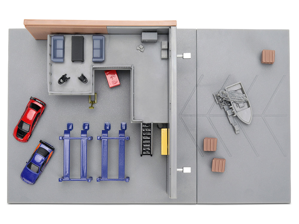 "Fast & Furious" Han's Garage Diorama with 2 Cars and Accessories "Nano Scene" Series 1/32 Model