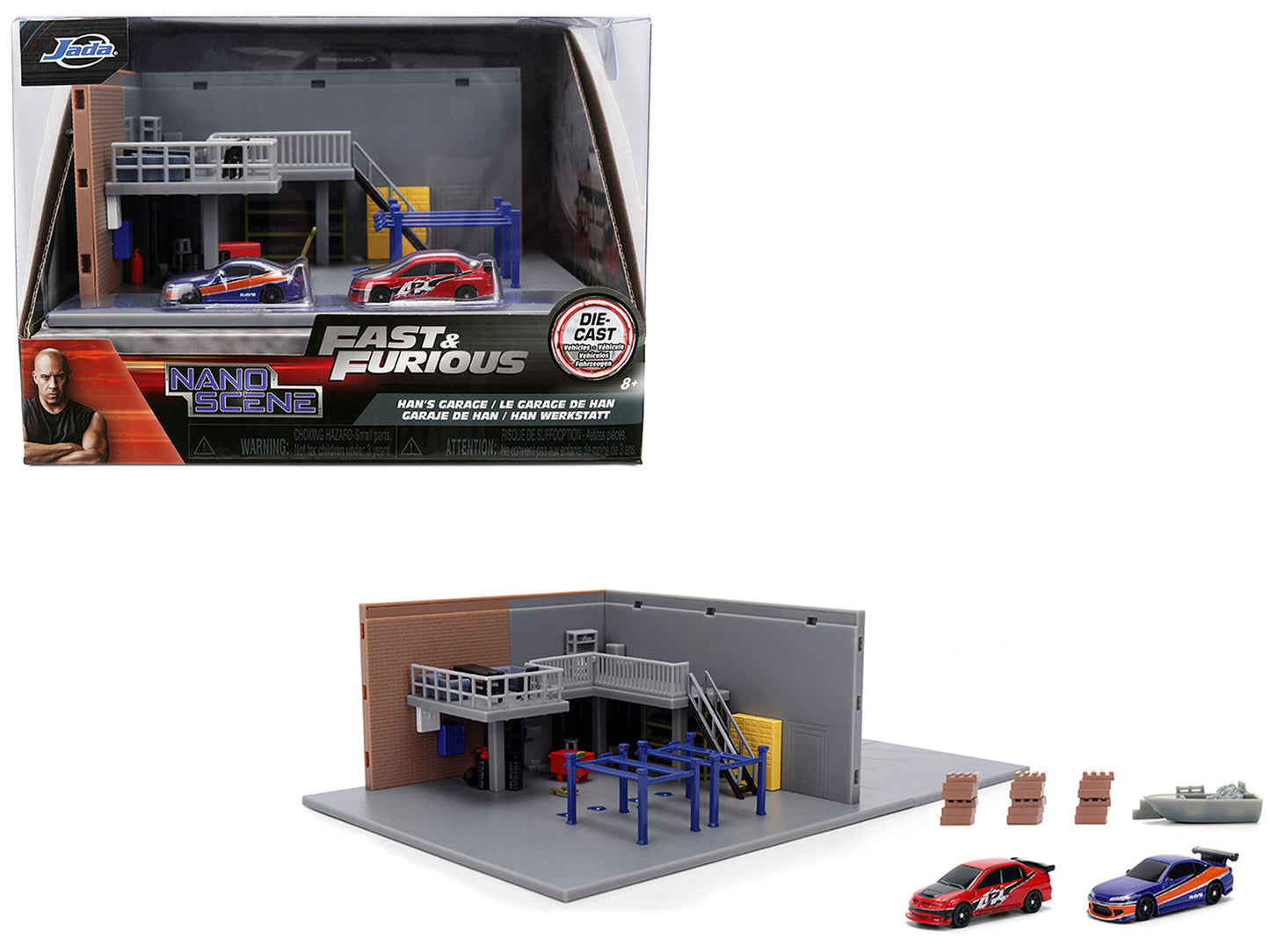 "Fast & Furious" Han's Garage Diorama with 2 Cars and Accessories "Nano Scene" Series 1/32 Model