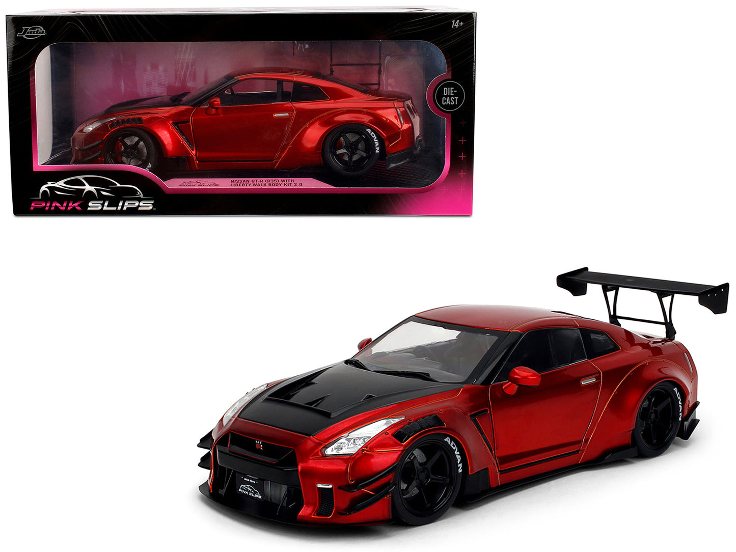 Nissan GT-R (R35) Liberty Walk Body Kit 2.0 RHD (Right Hand Drive) Red Metallic with Carbon Hood "Pink Slips" Series 1/18 Diecast Model Car