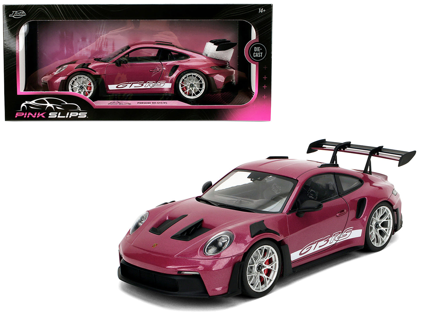 Porsche 911 GT3 RS Red Violet Metallic with White Stripes "Pink Slips" Series 1/18 Diecast Model Car