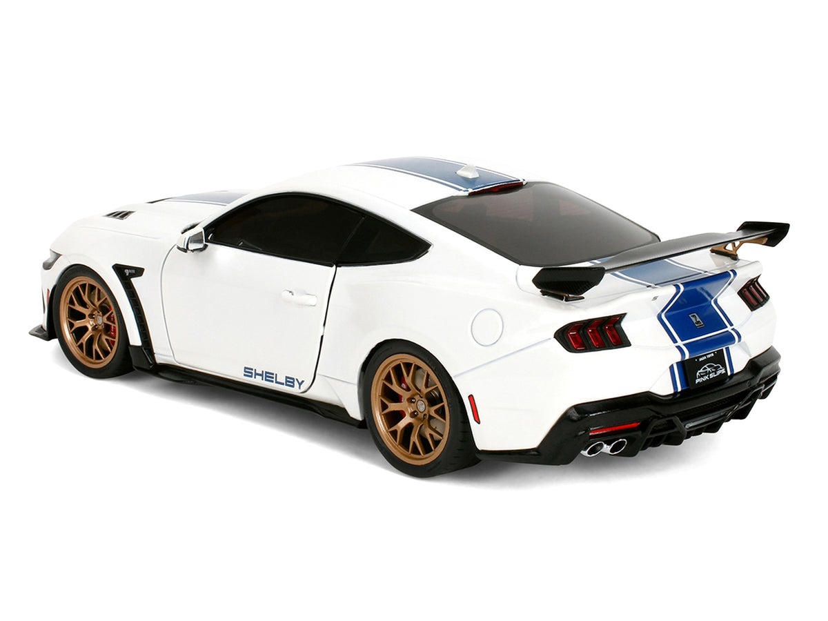 Ford Mustang Shelby Super Snake White Metallic with Blue Stripes and Gold Wheels "Pink Slips" Series 1/18 Diecast Model Car