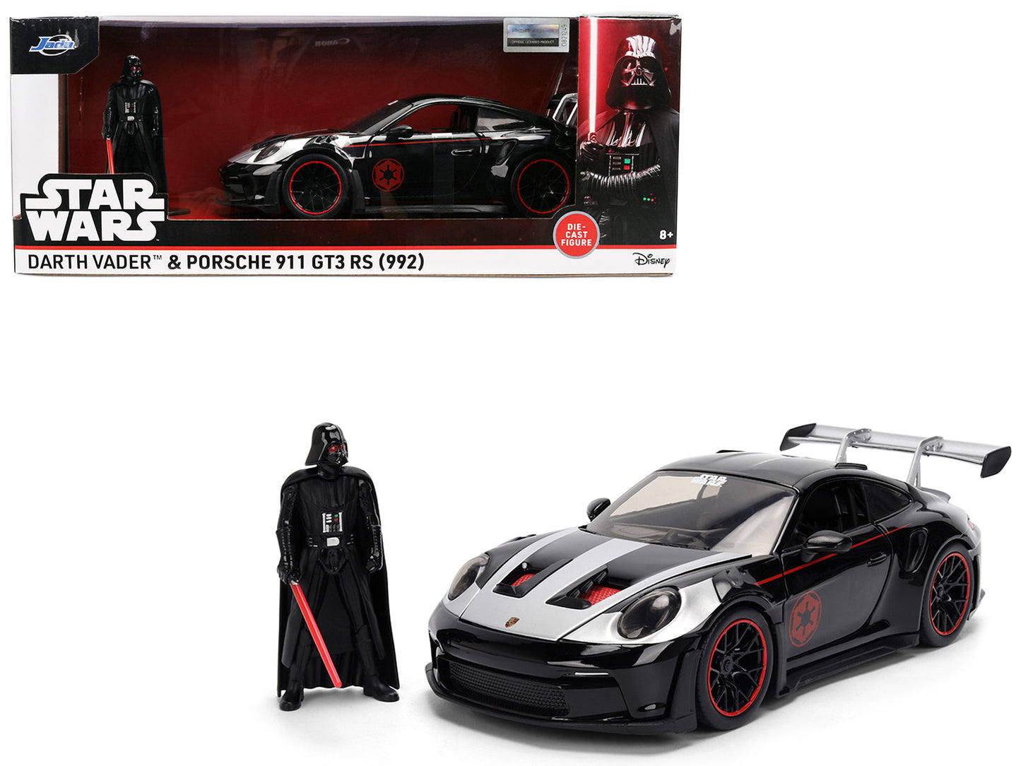 Porsche 911 GT3 RS (992) Black with Silver Hood and Graphics and Darth Vader Figure "Star Wars" Franchise "Hollywood Rides" Series 1/24 Diecast Model Car