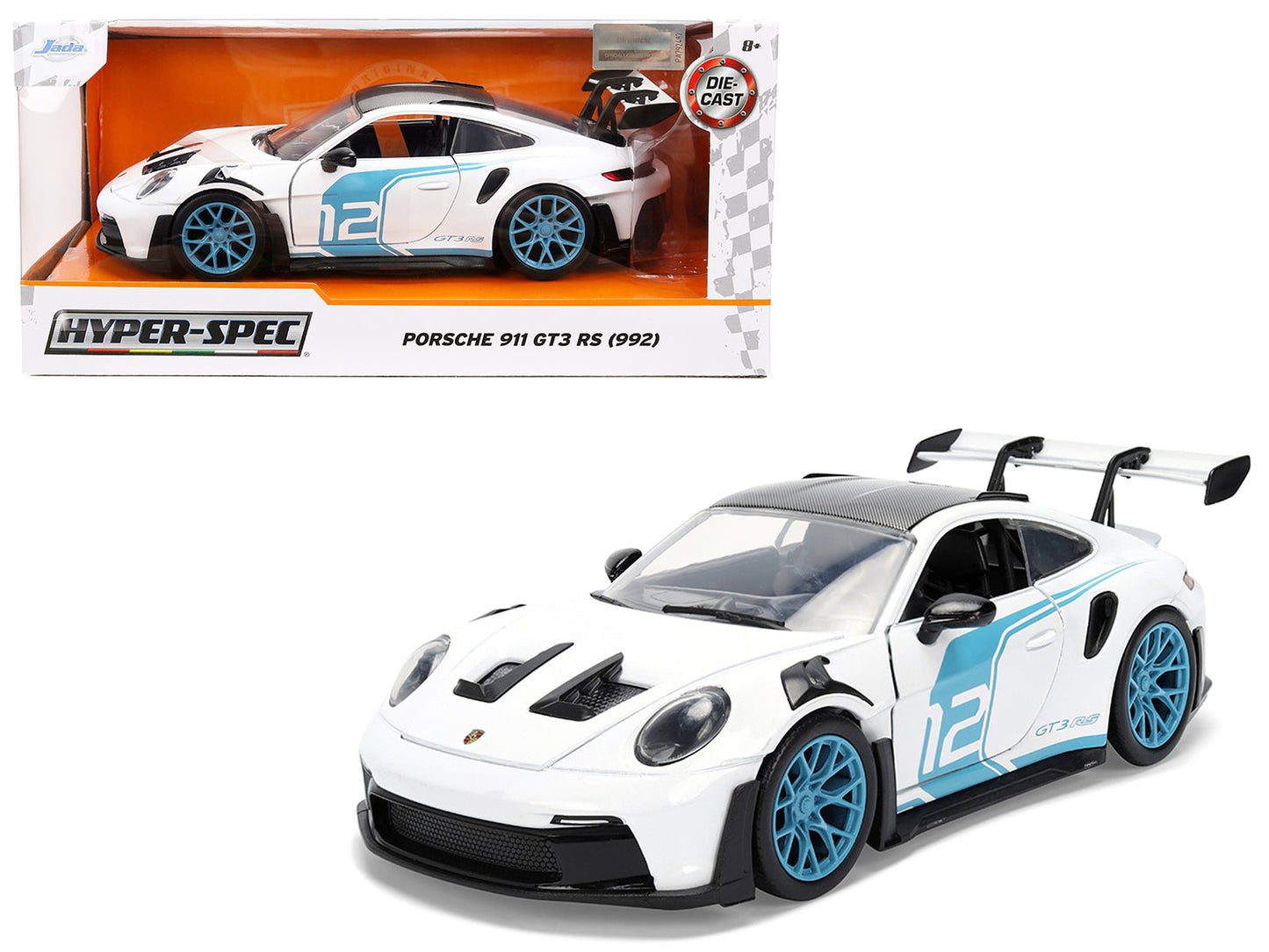 Porsche 911 GT3 RS (992) #12 White with Blue Stripes and Carbon Top "Hyper-Spec" Series 1/24 Diecast Model Car