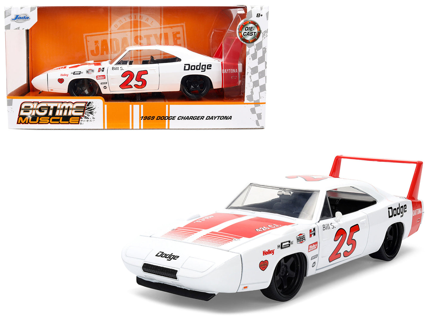 1969 Dodge Charger Daytona #25 White with Red Stripes "Bigtime Muscle" Series 1/24 Diecast Model Car
