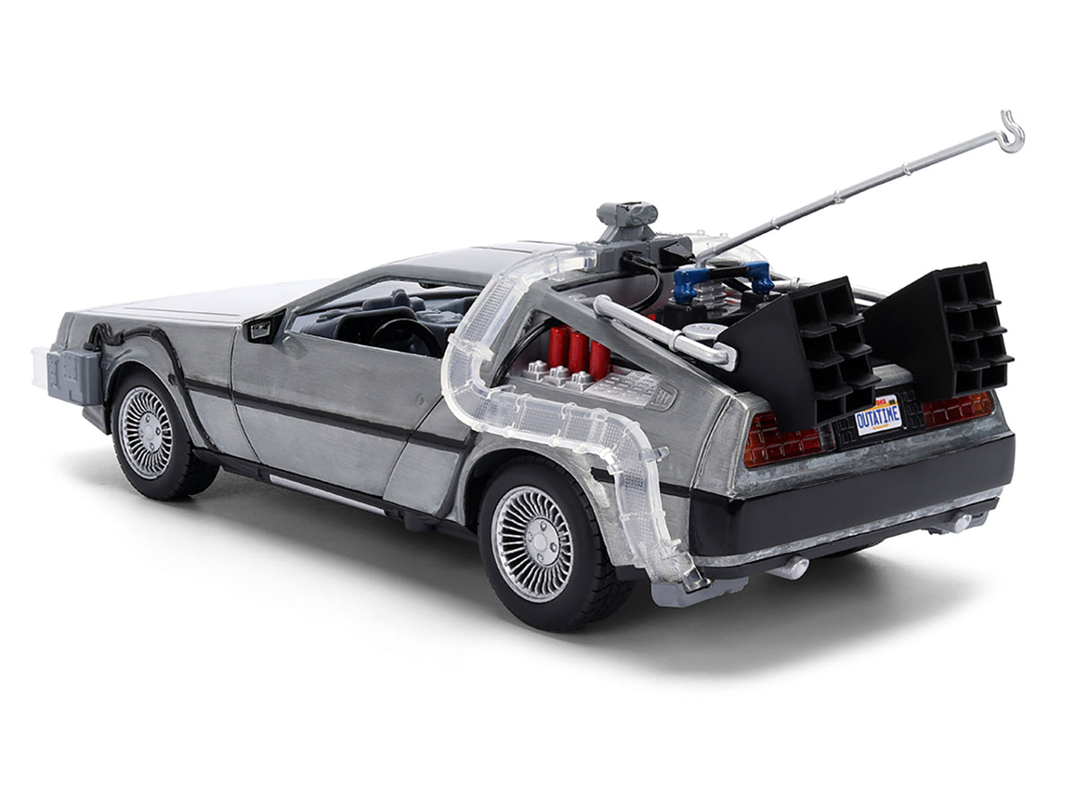 DeLorean Brushed Metal Time Machine with Lights "Back to the Future" (1985) Movie "40th Anniversary" Special Packaging "Hollywood Rides" Series 1/24 Diecast Model Car