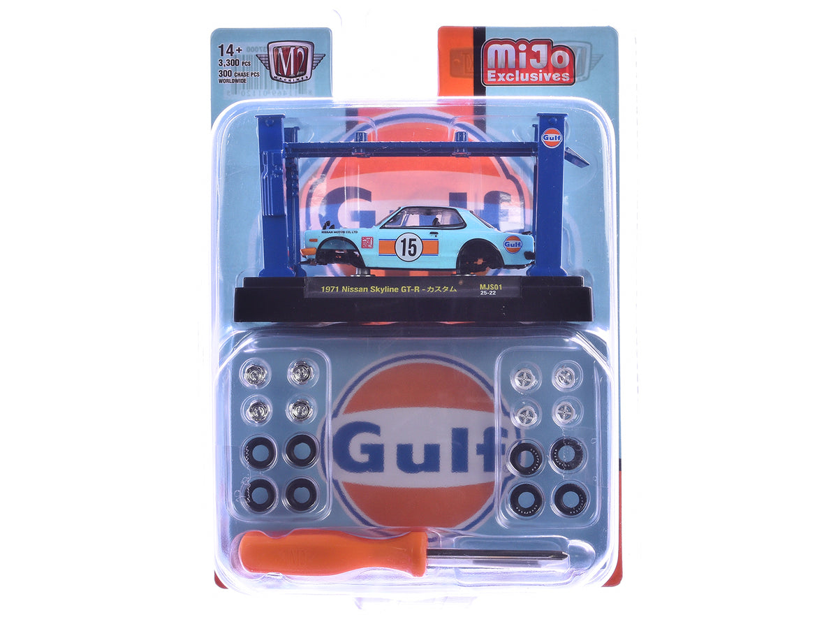 1971 Nissan Skyline GT-R RHD (Right Hand Drive) #15 "Gulf Oil" Light Blue and Orange "Auto-Lifts" Series Limited Edition to 3300 pieces Worldwide 1/64 Diecast Model Car