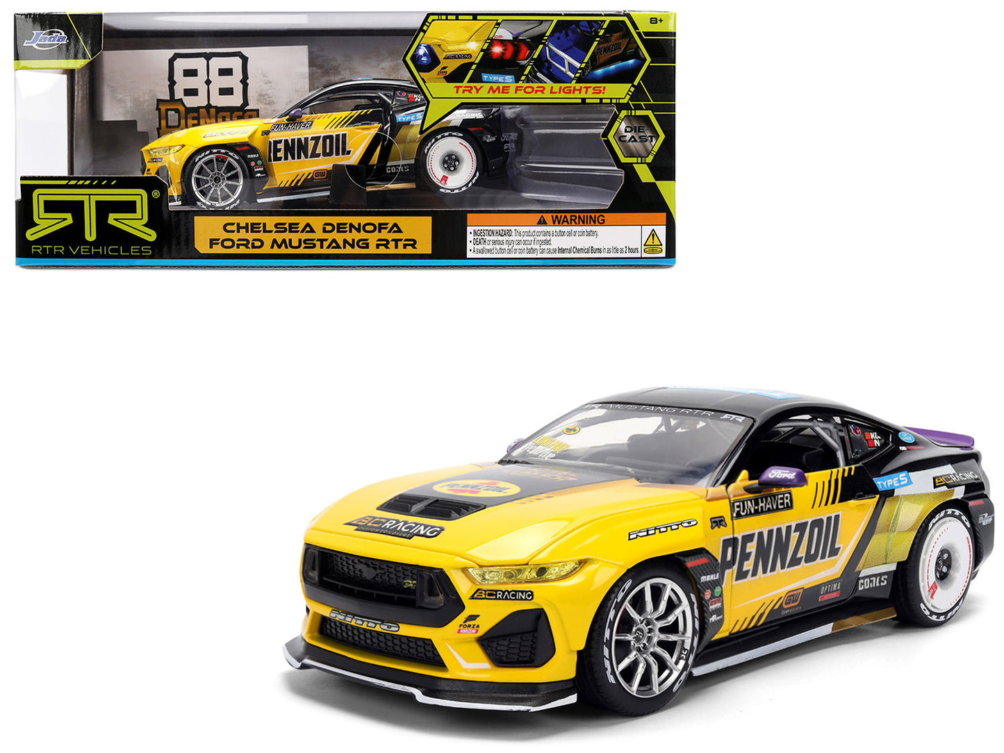 Ford Mustang RTR #88 Chelsea Denofa "Pennzoil" "Formula Drift PRO Championship" (2025) with Lights "RTR Vehicles" Series 1/24 Diecast Model Car