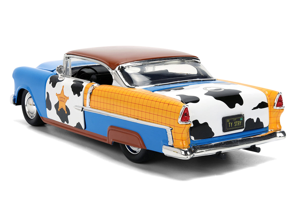 1955 Chevrolet Bel Air Blue with Graphics and Woody Diecast Figure "Toy Story" Franchise "Hollywood Rides" Series 1/24 Diecast Model Car