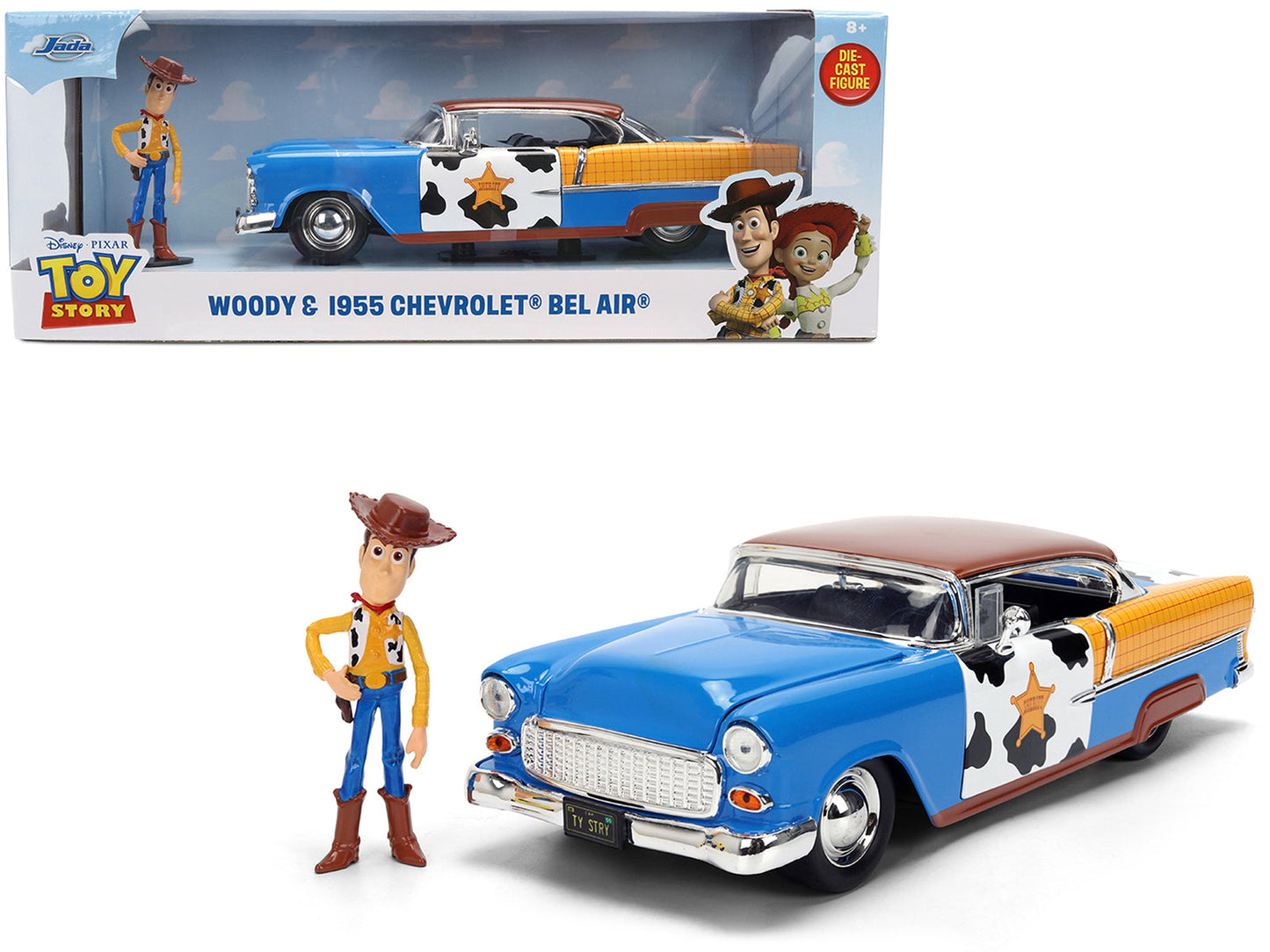 1955 Chevrolet Bel Air Blue with Graphics and Woody Diecast Figure "Toy Story" Franchise "Hollywood Rides" Series 1/24 Diecast Model Car